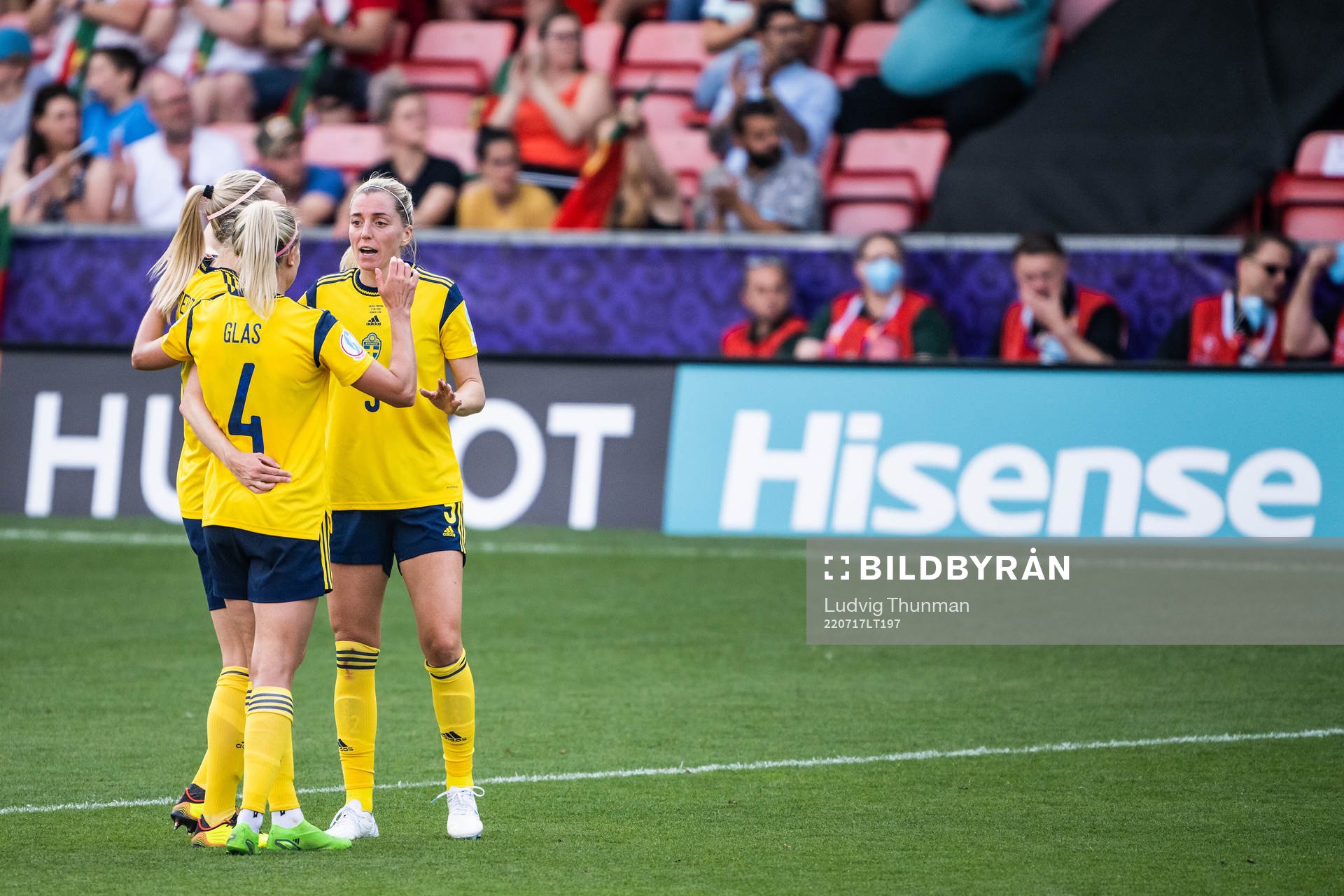 Amanda Ilestedt, Hanna Glas and Linda Sembrant of Sweden celebrate after the UEFA Women's Euro 2022 group stage match between Sweden and Portugal on July 17, 2022 in Leigh.