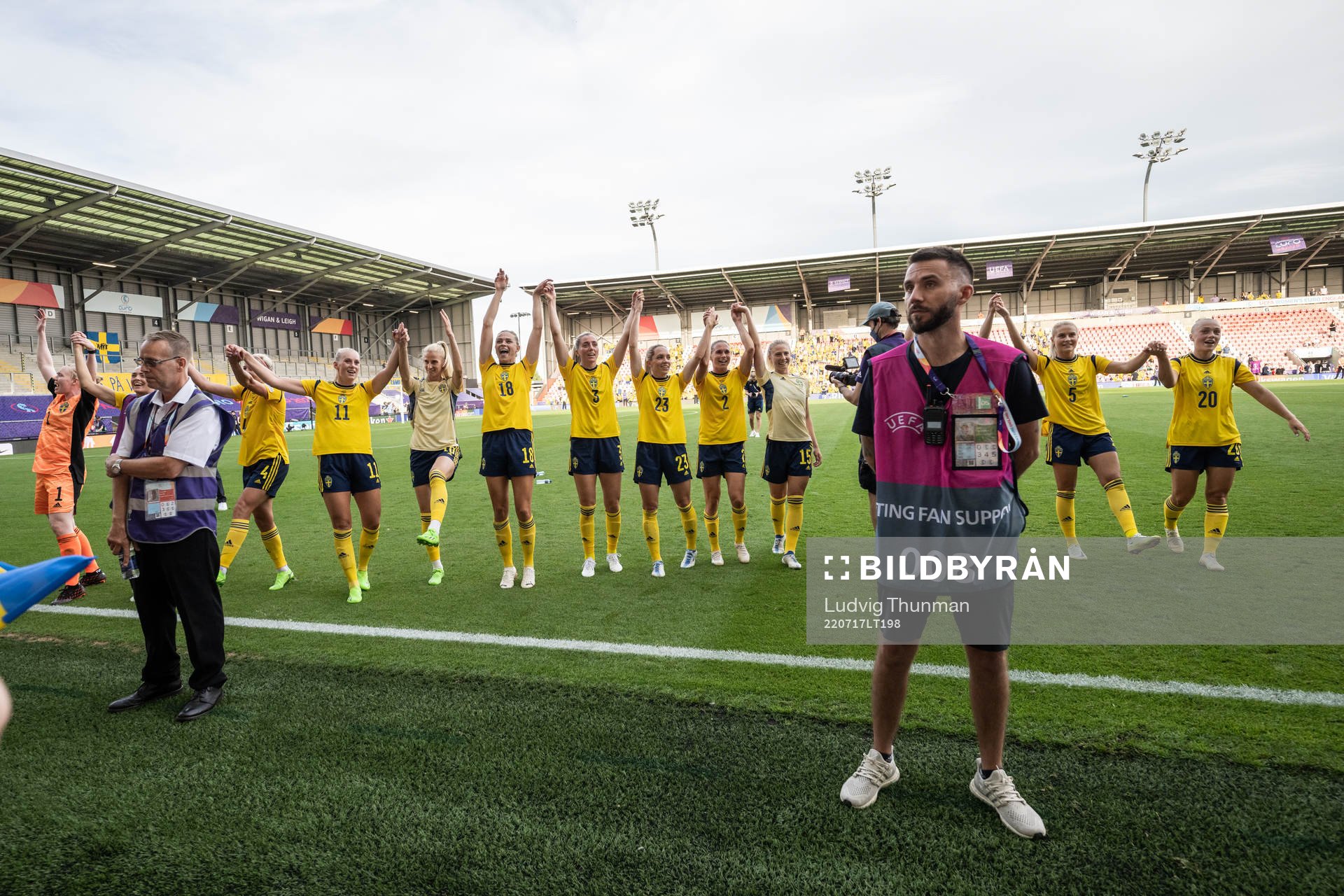 Players of Sweden celebrate after the UEFA Women's Euro 2022 group stage match between Sweden and Portugal on July 17, 2022 in Leigh.