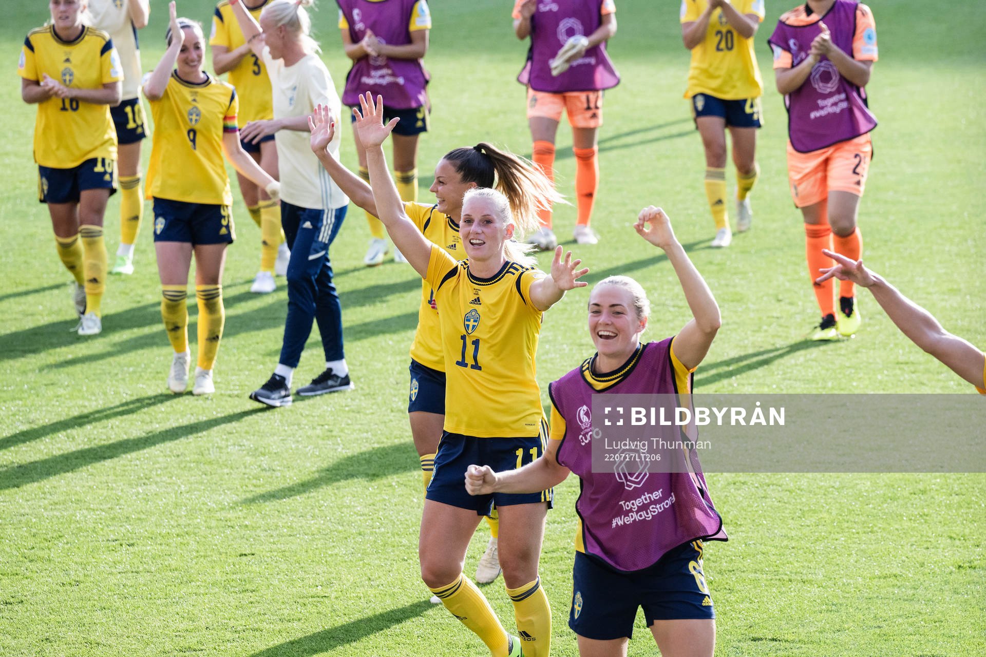 Stina Blackstenius and Magdalena Eriksson of Sweden celebrate after the UEFA Women's Euro 2022 group stage match between Sweden and Portugal on July 17, 2022 in Leigh.