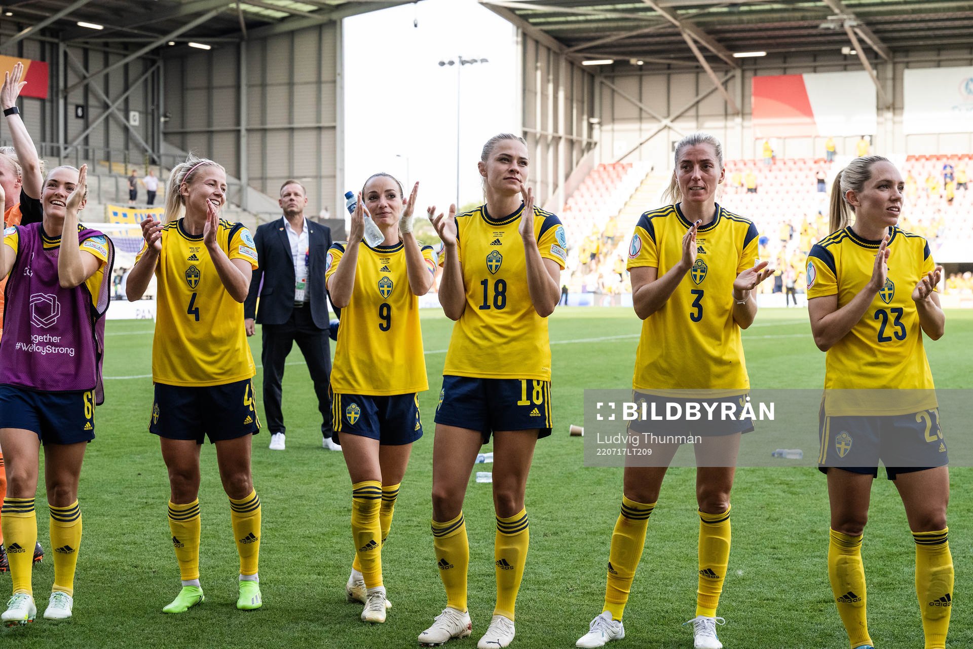 Players of Sweden celebrate after the UEFA Women's Euro 2022 group stage match between Sweden and Portugal on July 17, 2022 in Leigh.