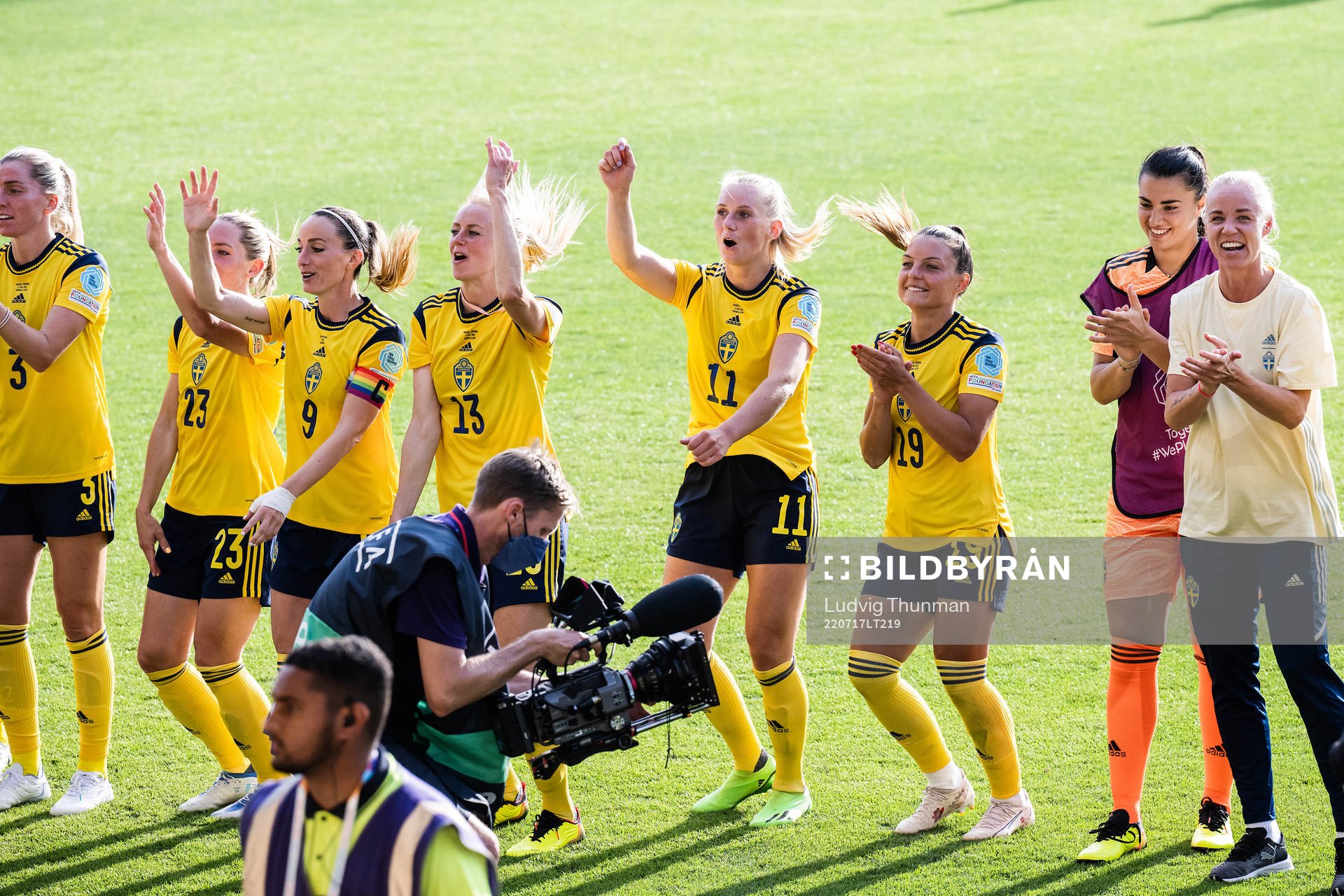 Players of Sweden celebrate after the UEFA Women's Euro 2022 group stage match between Sweden and Portugal on July 17, 2022 in Leigh.