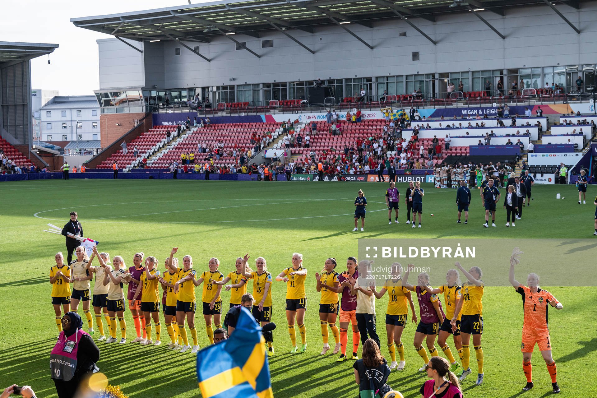 Players of Sweden celebrate after the UEFA Women's Euro 2022 group stage match between Sweden and Portugal on July 17, 2022 in Leigh.