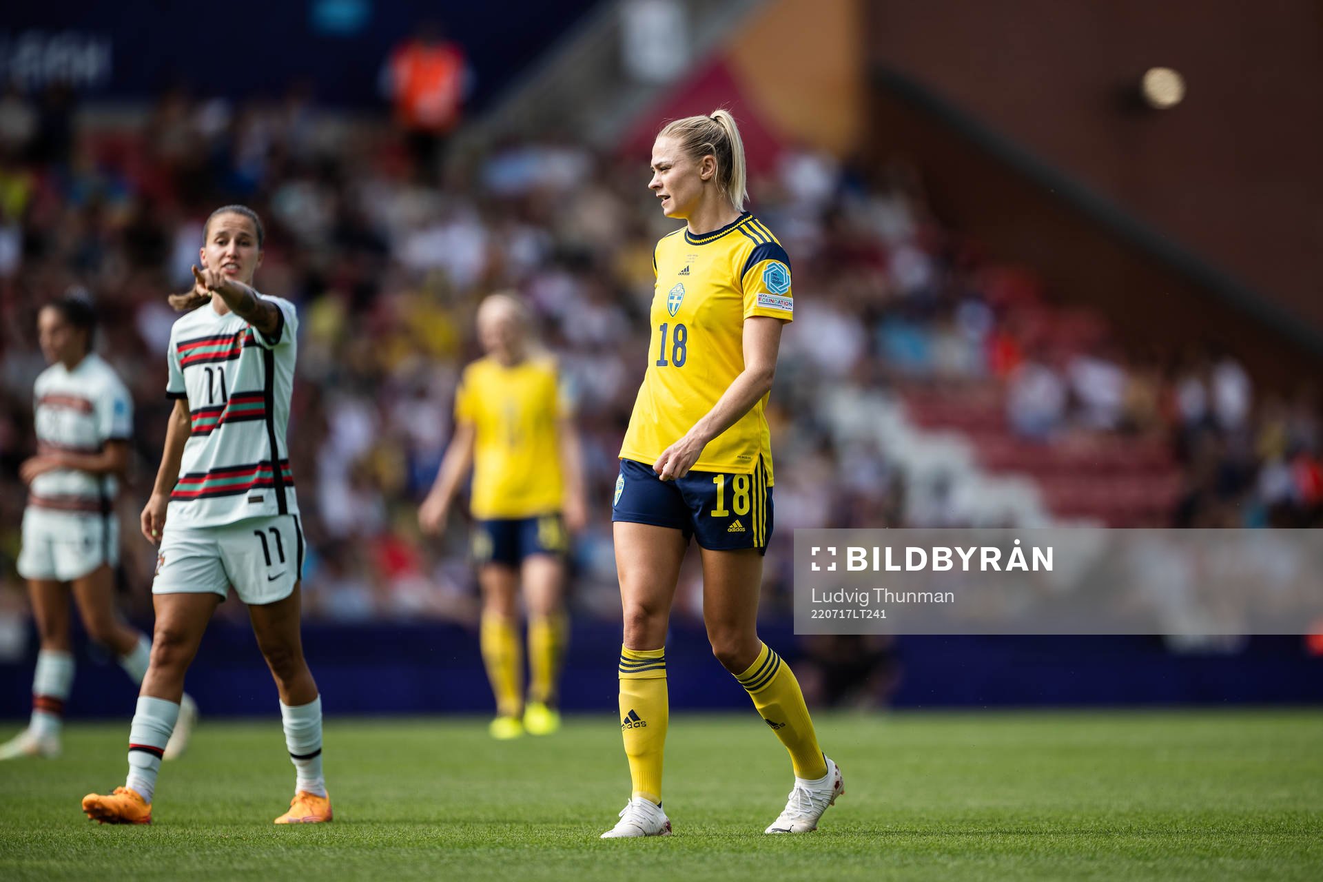 Fridolina Rolfö of Sweden during the UEFA Women's Euro 2022 group stage match between Sweden and Portugal on July 17, 2022 in Leigh.