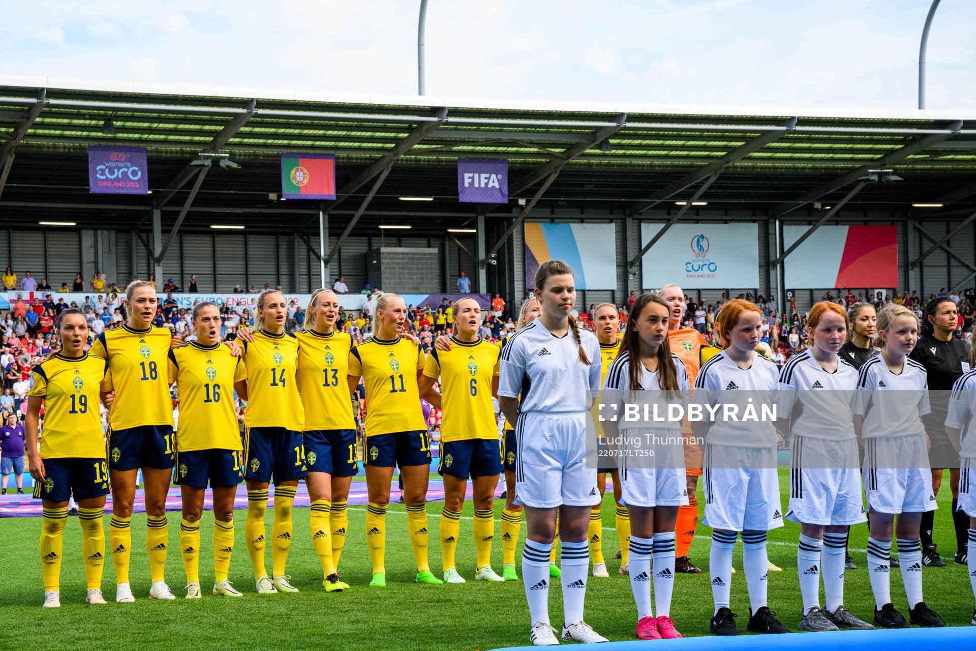 Players of Sweden line up for the national anthem ahead
