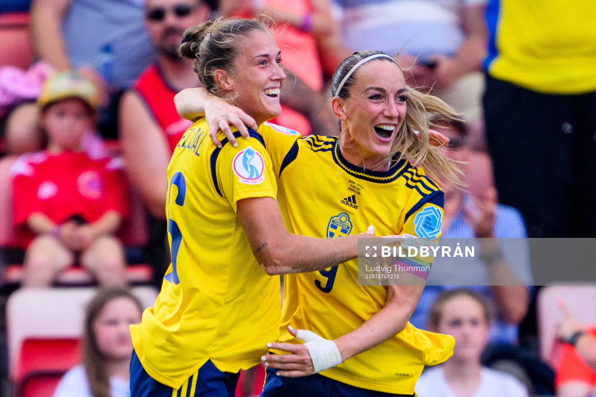 Filippa Angeldahl and Kosovare Asllani of Sweden celebrates