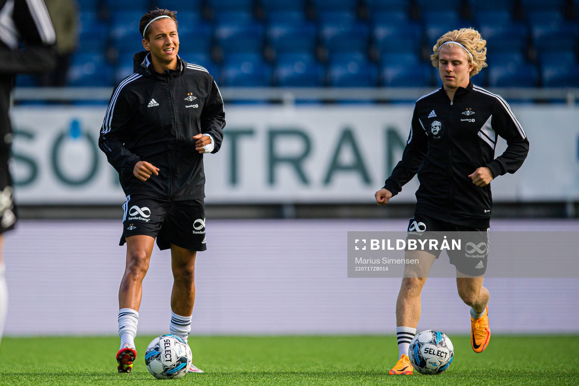 Adrian Nilsen Pereira and Edvard Sandvik Tagseth of Rosenborg warms up ahead of the Eliteserien match between Aalesund and Rosenborg on July 17, 2022 in Ålesund.