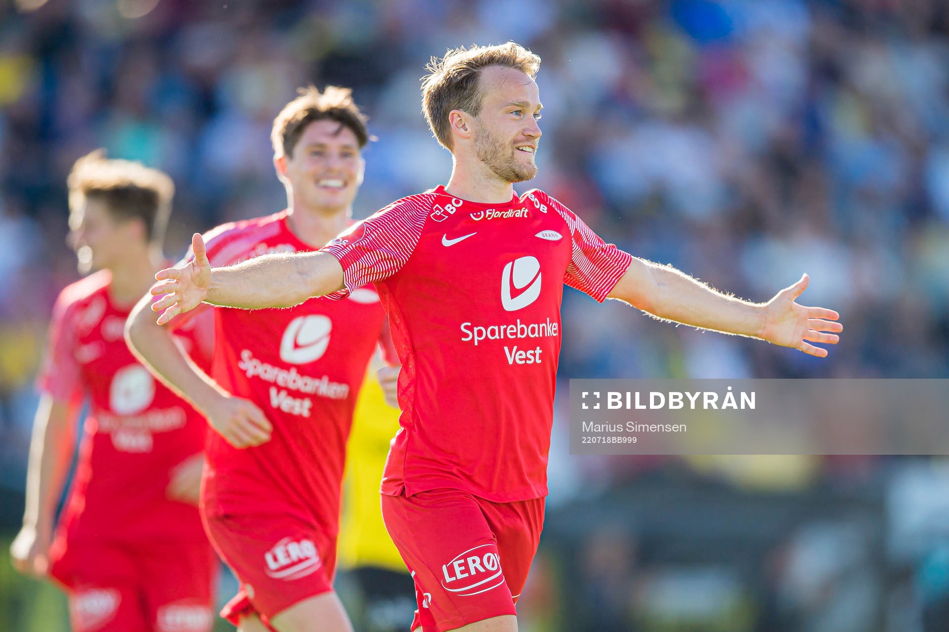 Bård Finne of Brann celebrates after scoring the 0-3 goal during the OBOS-ligaen match between Raufoss and Brann on July 18, 2022 in Raufoss.