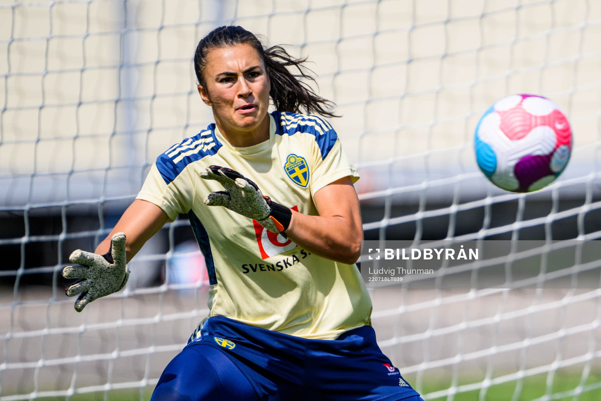 Goalkeeper Zecira Musovic of the Swedish women's national football team at a training session during the UEFA Women's Euro 2022 Championship on July 18, 2022 in Chester.