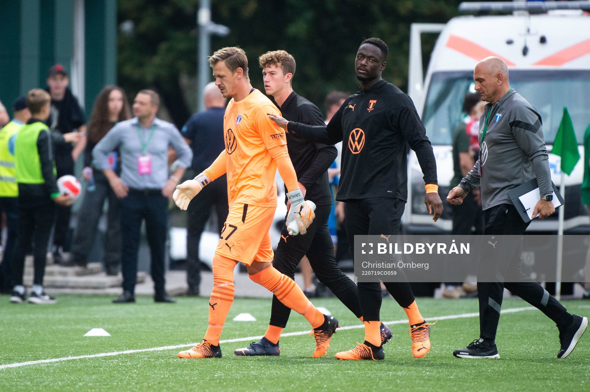 Goalkeeper Johan Dahlin, goalkeeper Ismael Diawara and Amin Sarr of Malmö FF during the UEFA Champions League qualifying match between FK Zalgiris and Malmö FF on July 19, 2022 in Vilnius.