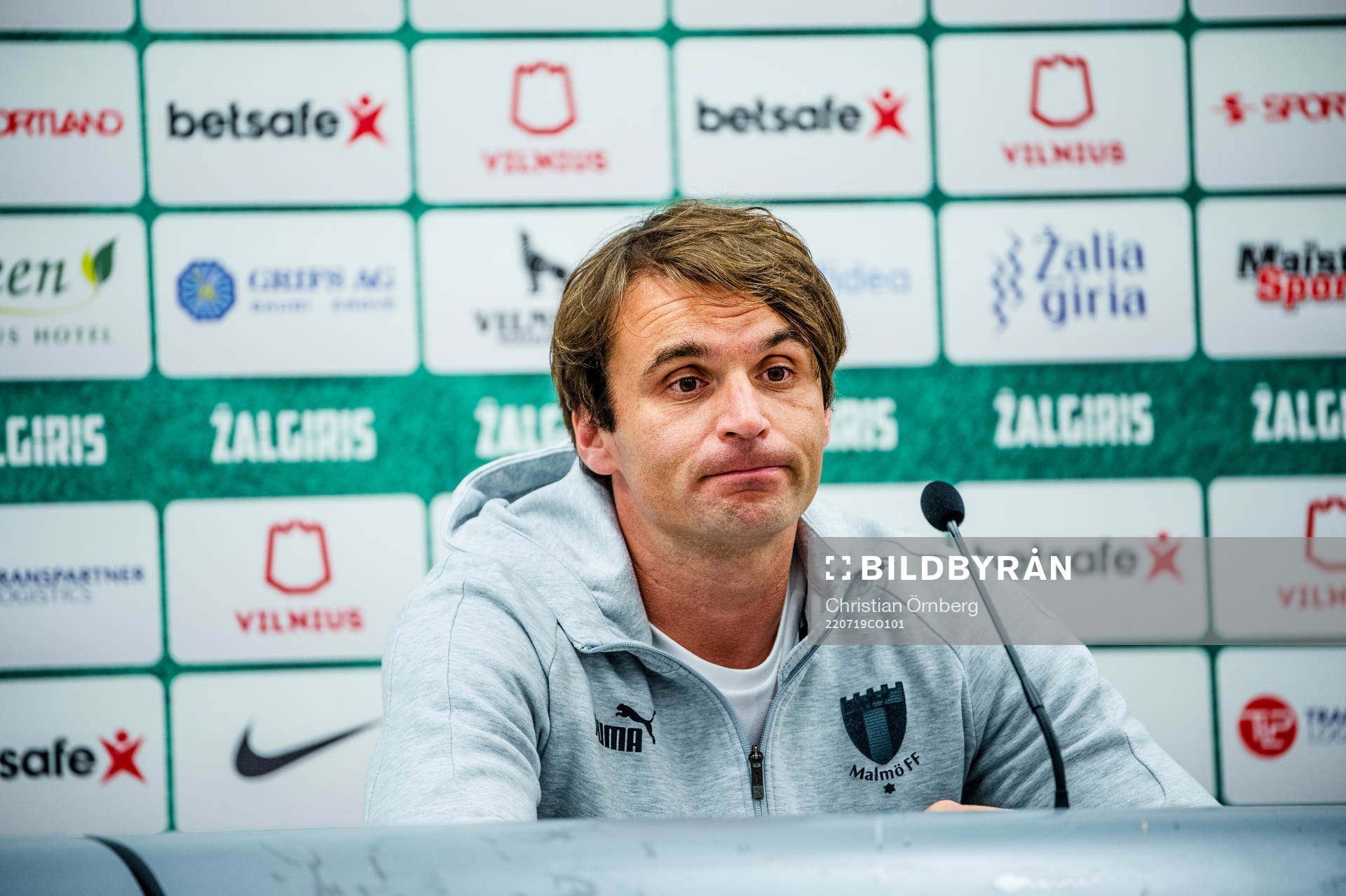 Head coach Milos Milojevic of Malmö FF on the press conference after the UEFA Champions League qualifying match between FK Zalgiris and Malmö FF on July 19, 2022 in Vilnius.