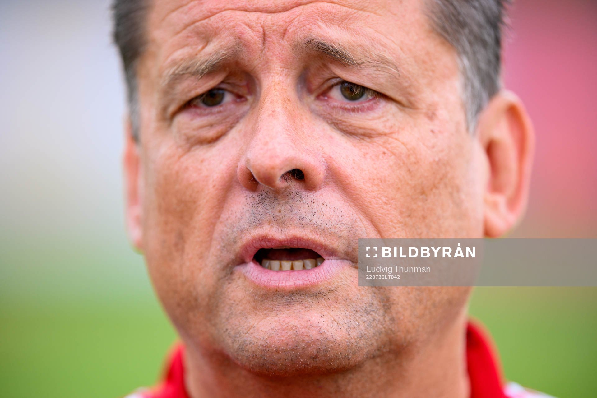 Mats Börjesson, doctor of the Swedish women's national football team is interviewed by the media at a training session during the UEFA Women's Euro 2022 Championship on July 20, 2022 in Chester. 