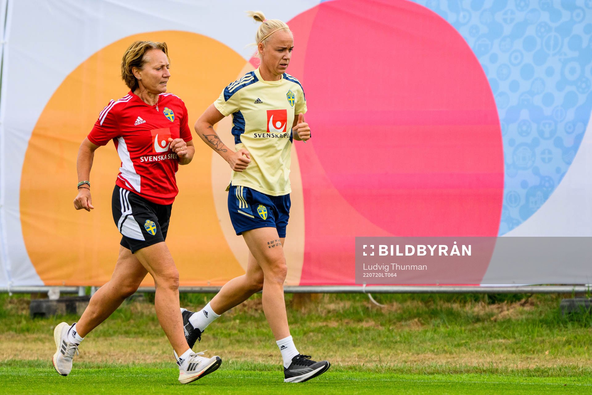 Annica Näsmark, physio and Caroline Seger of the Swedish women's national football team at a press event during the UEFA Women's Euro 2022 Championship on July 20, 2022 in Chester. 