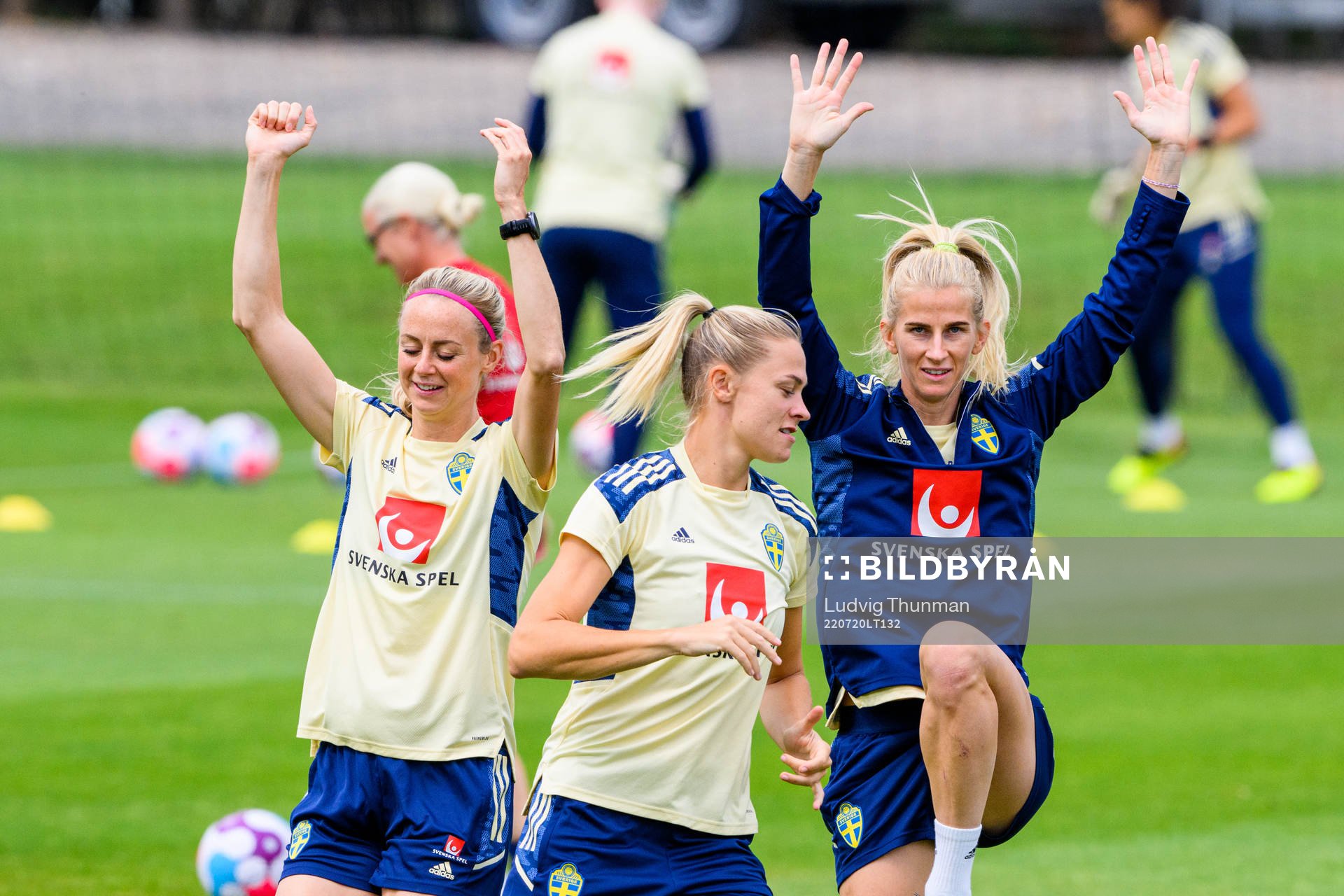Amanda Ilestedt, Fridolina Rolfö and Sofia Jakobsson of the Swedish women's national football team at a training session during the UEFA Women's Euro 2022 Championship on July 20, 2022 in Chester.