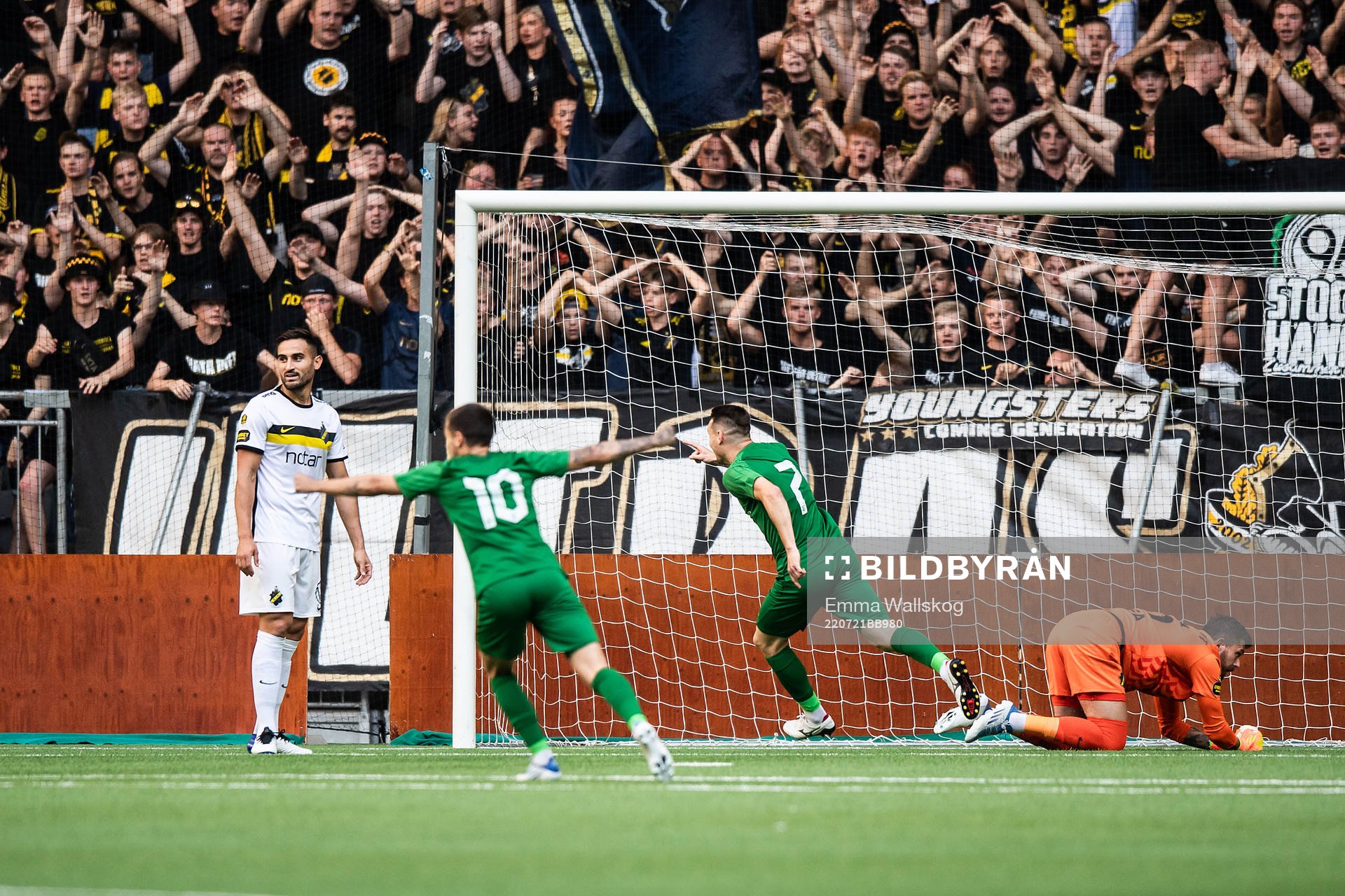 Denys Oliynyk and Vincent Thill of Vorskla Poltava celebrate after scoring 1-0 during the UEFA Europa Conference League qualifying match between Vorskla Poltava and AIK on July 21, 2022 in Stockholm.