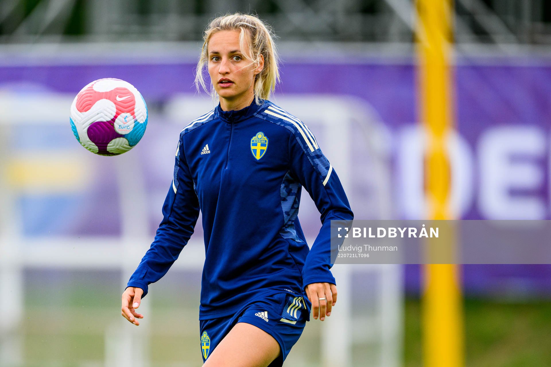Nathalie Björn of the Swedish women's national football team at a training session during the UEFA Women's Euro 2022 Championship on July 21, 2022 in Chester.