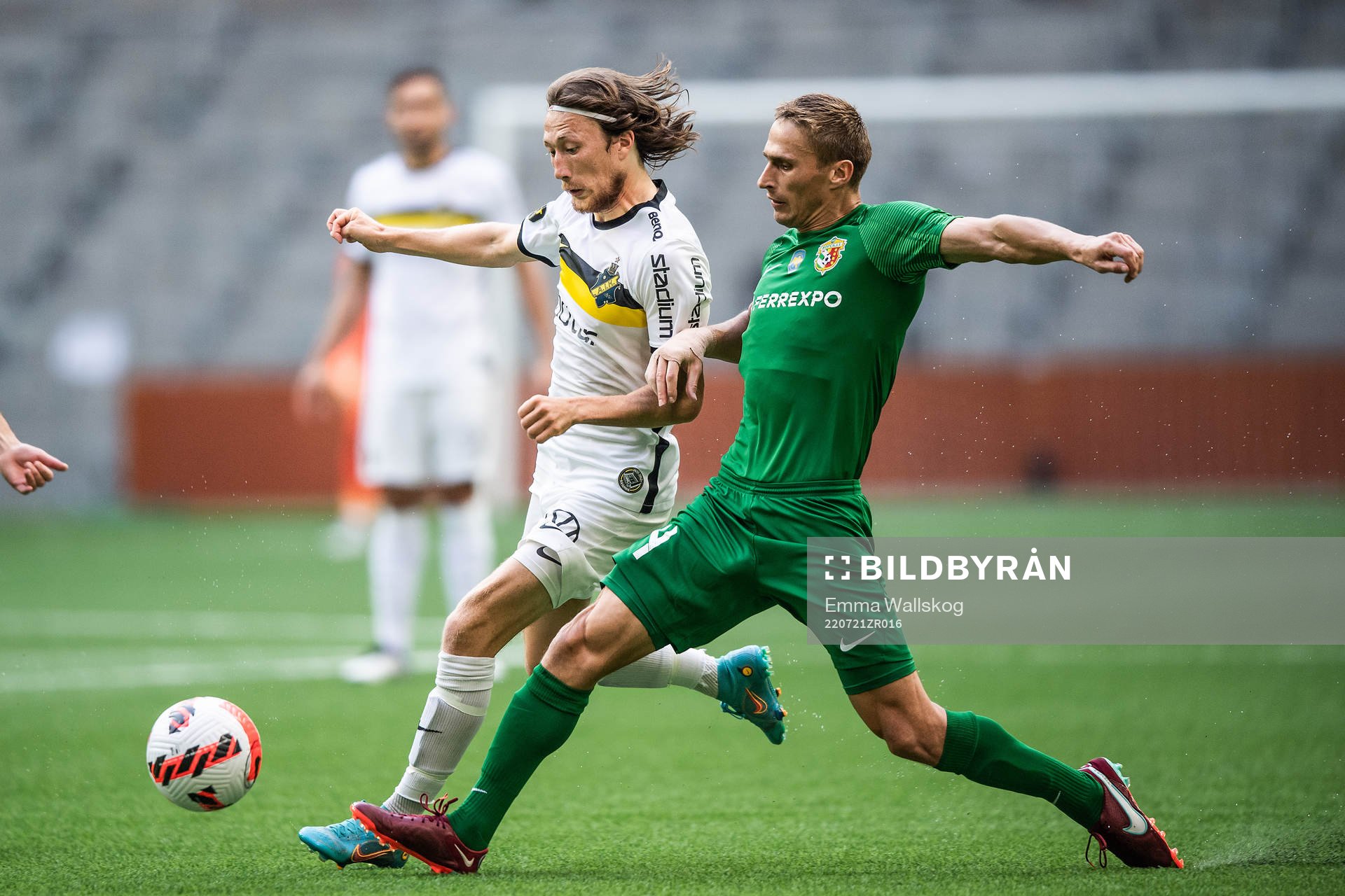 Axel Björnström of AIK and Igor Perduta of Vorskla Poltava during the UEFA Europa Conference League qualifying match between Vorskla Poltava and AIK on July 21, 2022 in Stockholm.