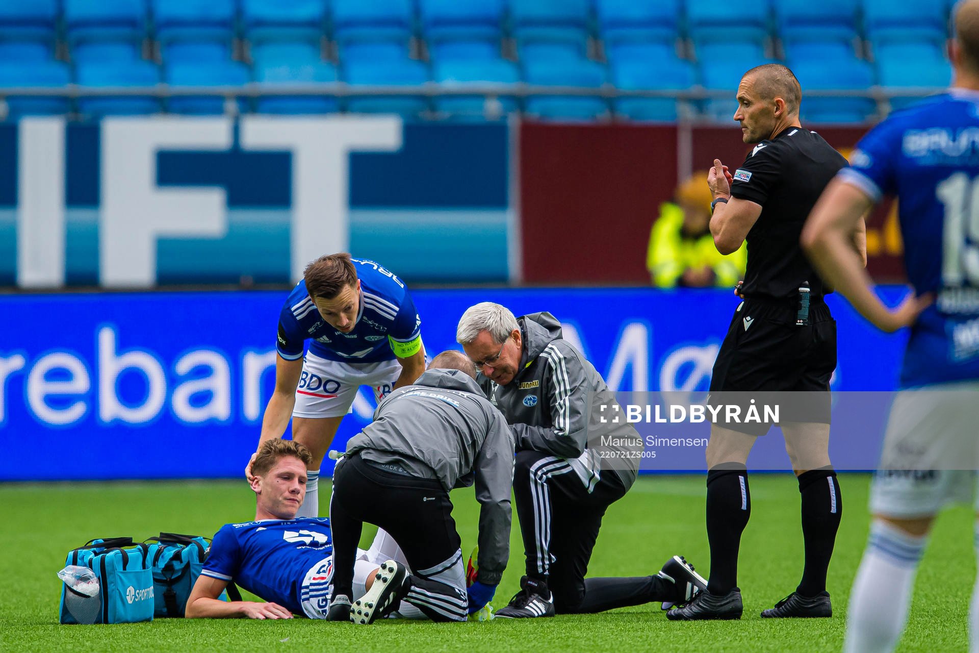 Markus André Kaasa of Molde in pain during the UEFA Europa Conference League match between Molde and Elfsborg on July 21, 2022 in Molde.