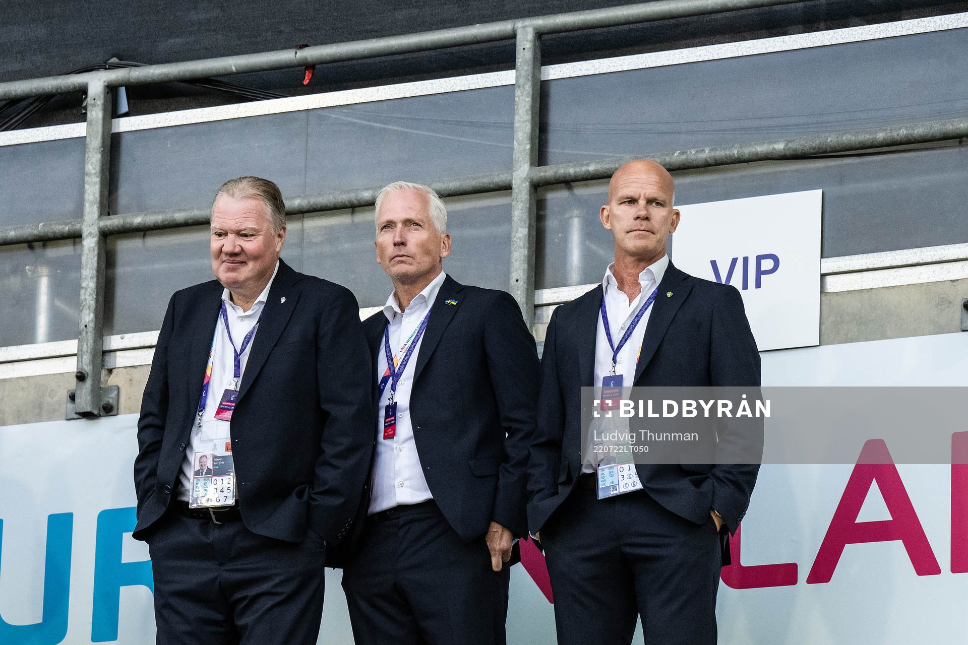Karl-Erik Nilsson, president, Håkan Sjöstrand, general secretary and Jens T. Andersson, head of national teams at the Swedish Football Association, ahead of the UEFA Women's Euro 2022 quarter final match between between Sweden and Belgium on July 22, 2022 in Leigh.