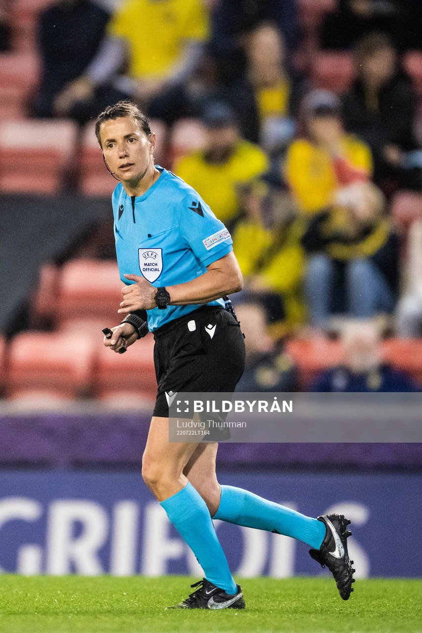 referee Kateryna Monzul during the UEFA Women's Euro 2022 quarter final match between between Sweden and Belgium on July 22, 2022 in Leigh.