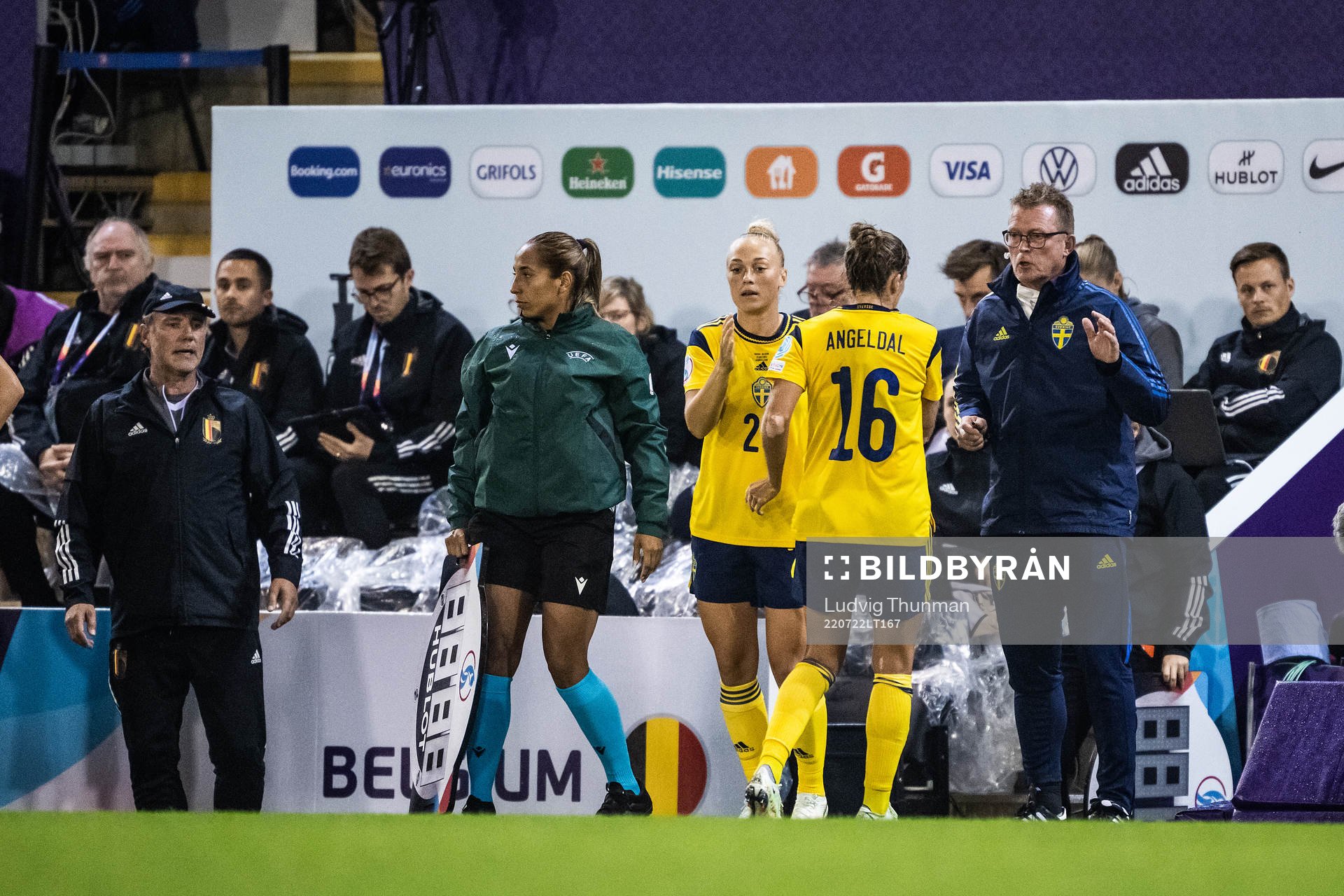 Filippa Angeldahl is substituted for Hanna Bennison of Sweden during the UEFA Women's Euro 2022 quarter final match between between Sweden and Belgium on July 22, 2022 in Leigh.