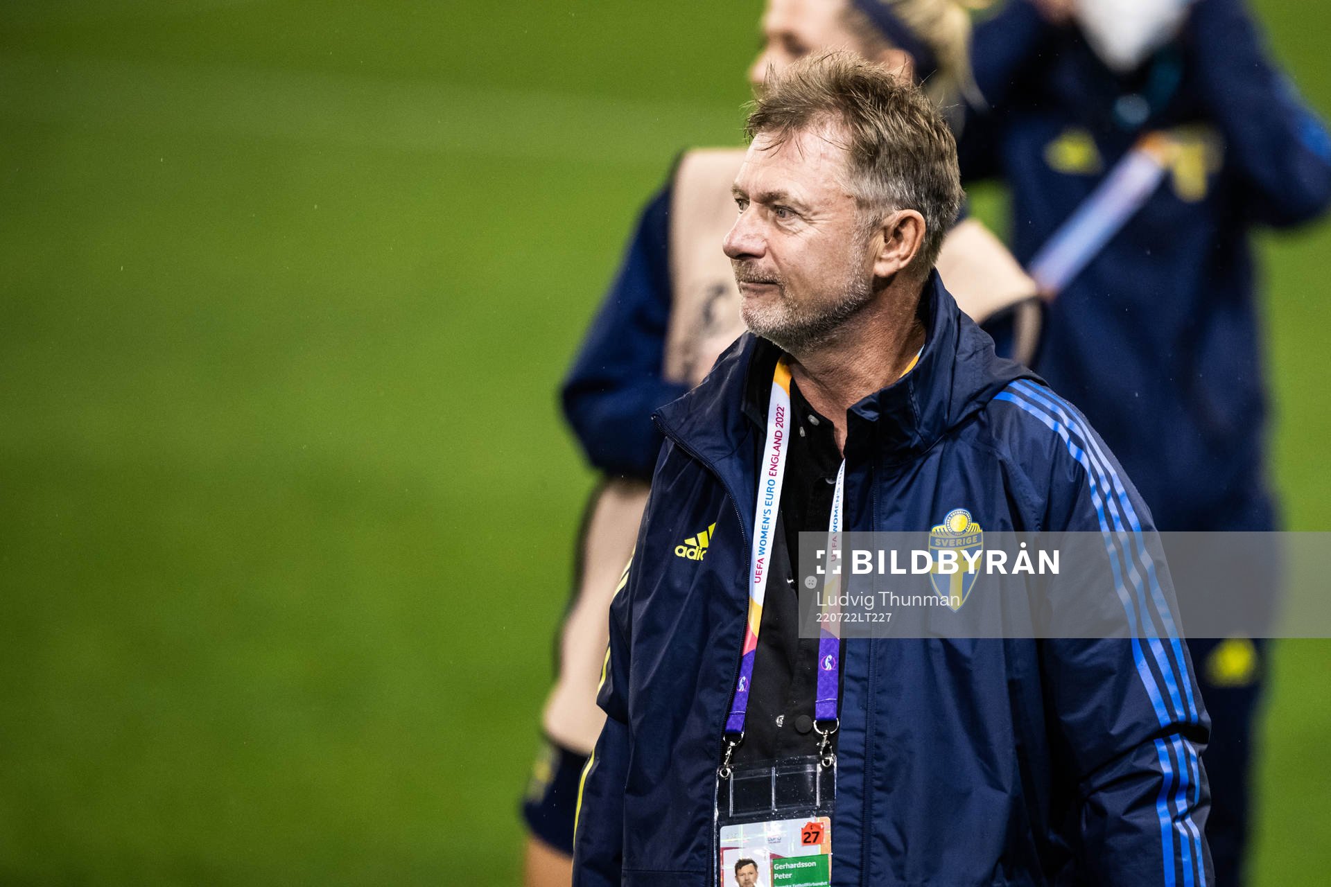 Peter Gerhardsson, head coach of Sweden after the UEFA Women's Euro 2022 quarter final match between between Sweden and Belgium on July 22, 2022 in Leigh.