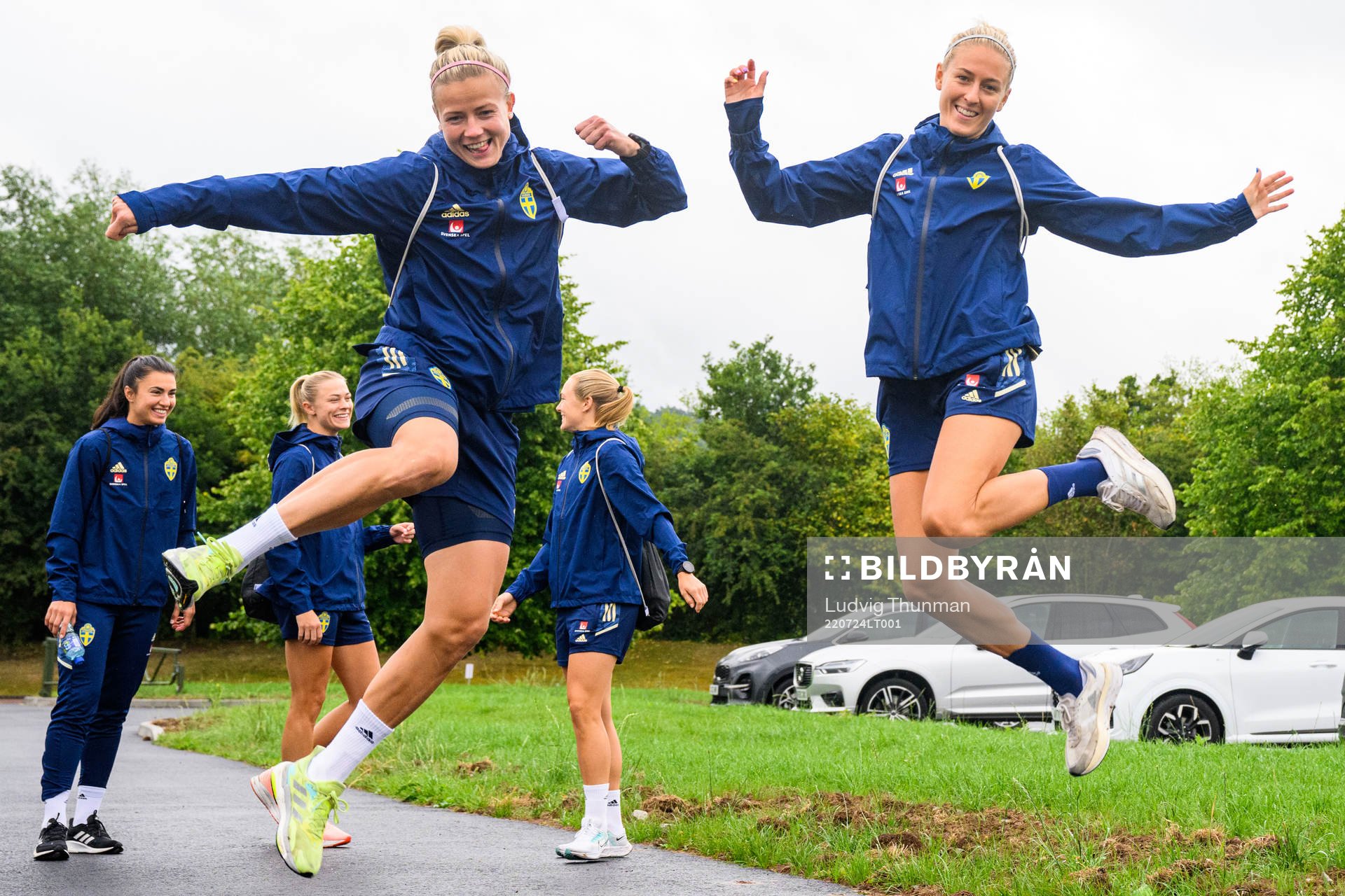 Hanna Glas and Emma Kullberg of the Swedish women's national football team ahead of a training session during the UEFA Women's Euro 2022 Championship on July 24, 2022 in Chester. 