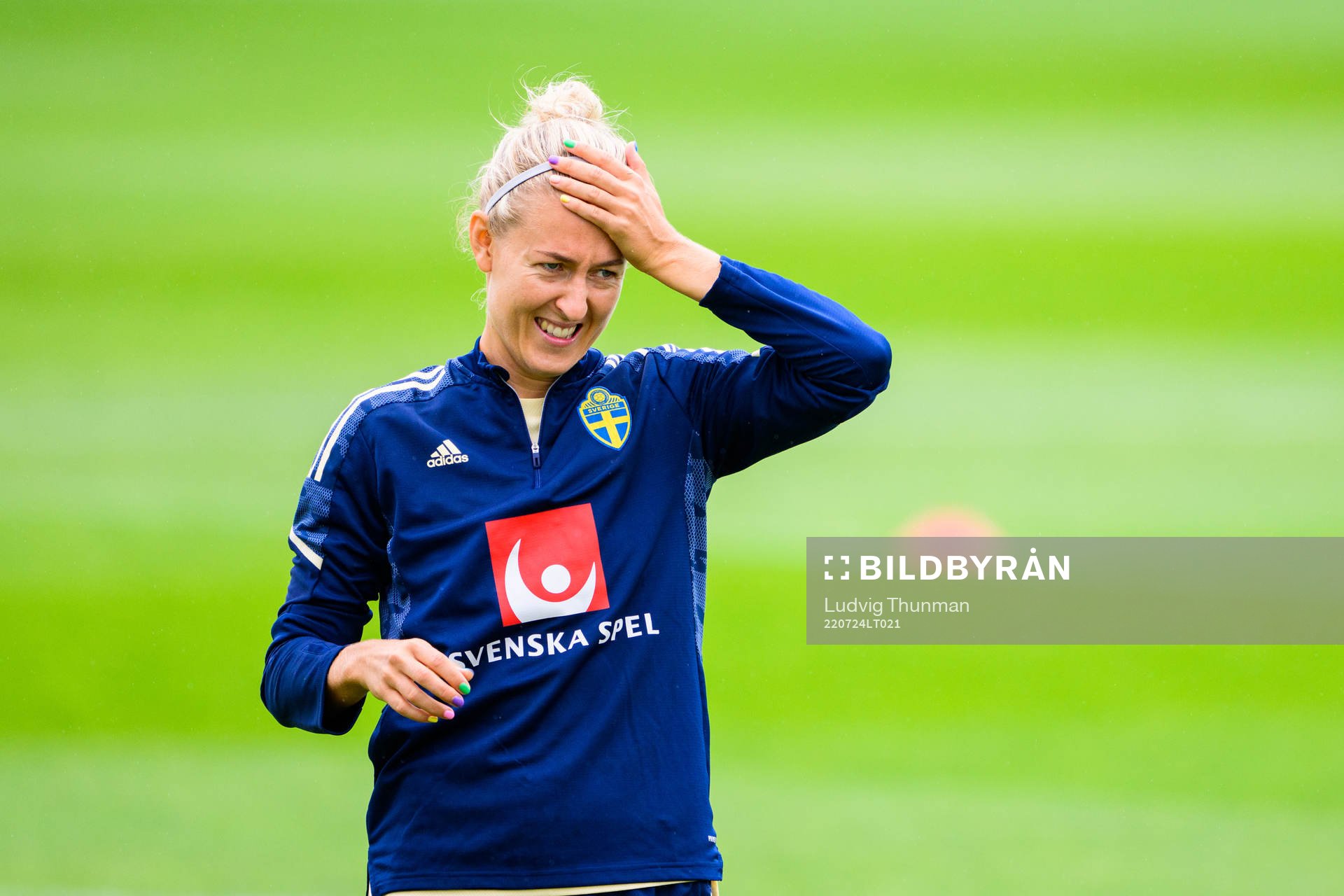 Emma Kullberg of the Swedish women's national football team at a training session during the UEFA Women's Euro 2022 Championship on July 24, 2022 in Chester.