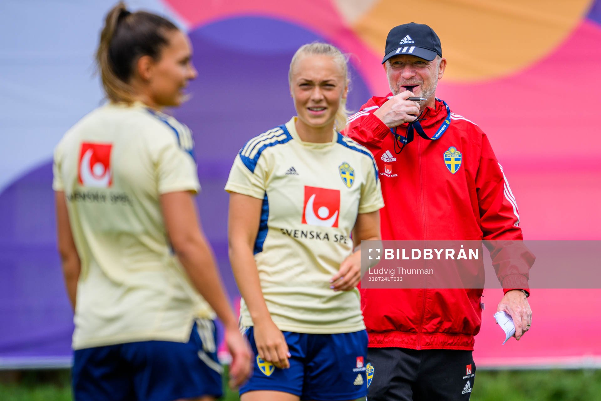 Johanna Rytting Kaneryd, Hanna Bennison and Peter Gerhardsson, head coach of the Swedish women's national football team at a training session during the UEFA Women's Euro 2022 Championship on July 24, 2022 in Chester.