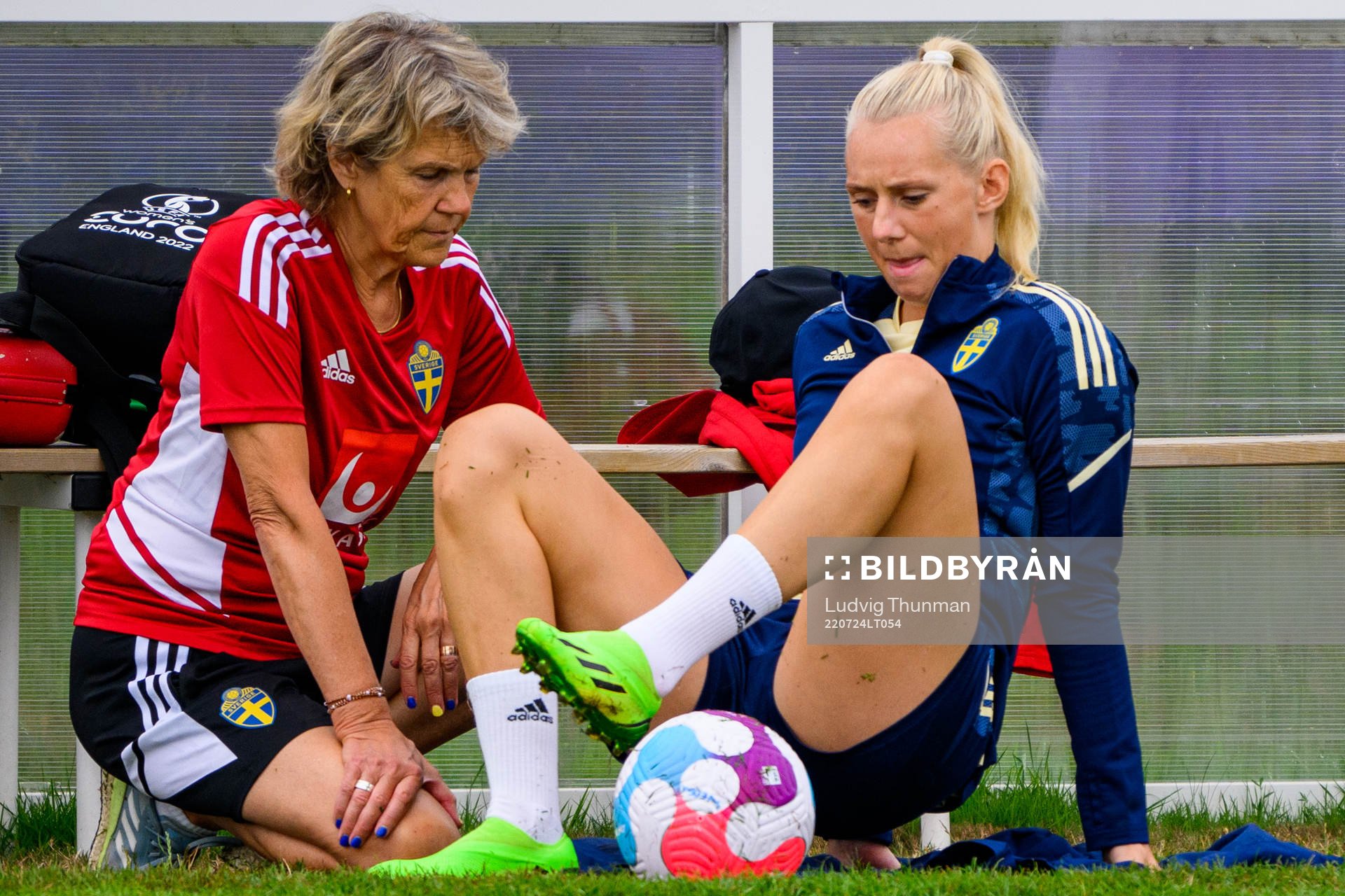 Kristina Forsblom, physio and Stina Blackstenius of the Swedish women's national football team at a training session during the UEFA Women's Euro 2022 Championship on July 24, 2022 in Chester.