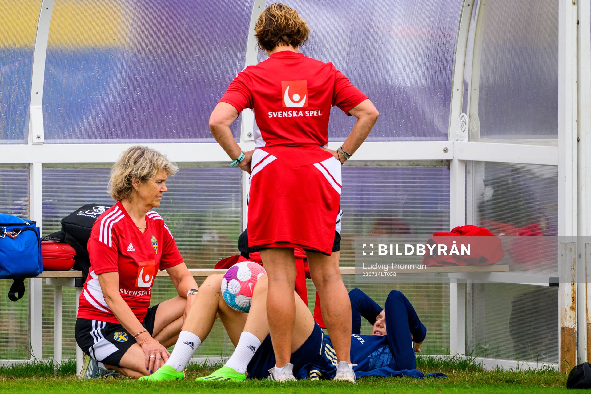 Kristina Forsblom, physio, Annica Näsmark, physio  and Stina Blackstenius of the Swedish women's national football team at a training session during the UEFA Women's Euro 2022 Championship on July 24, 2022 in Chester. 