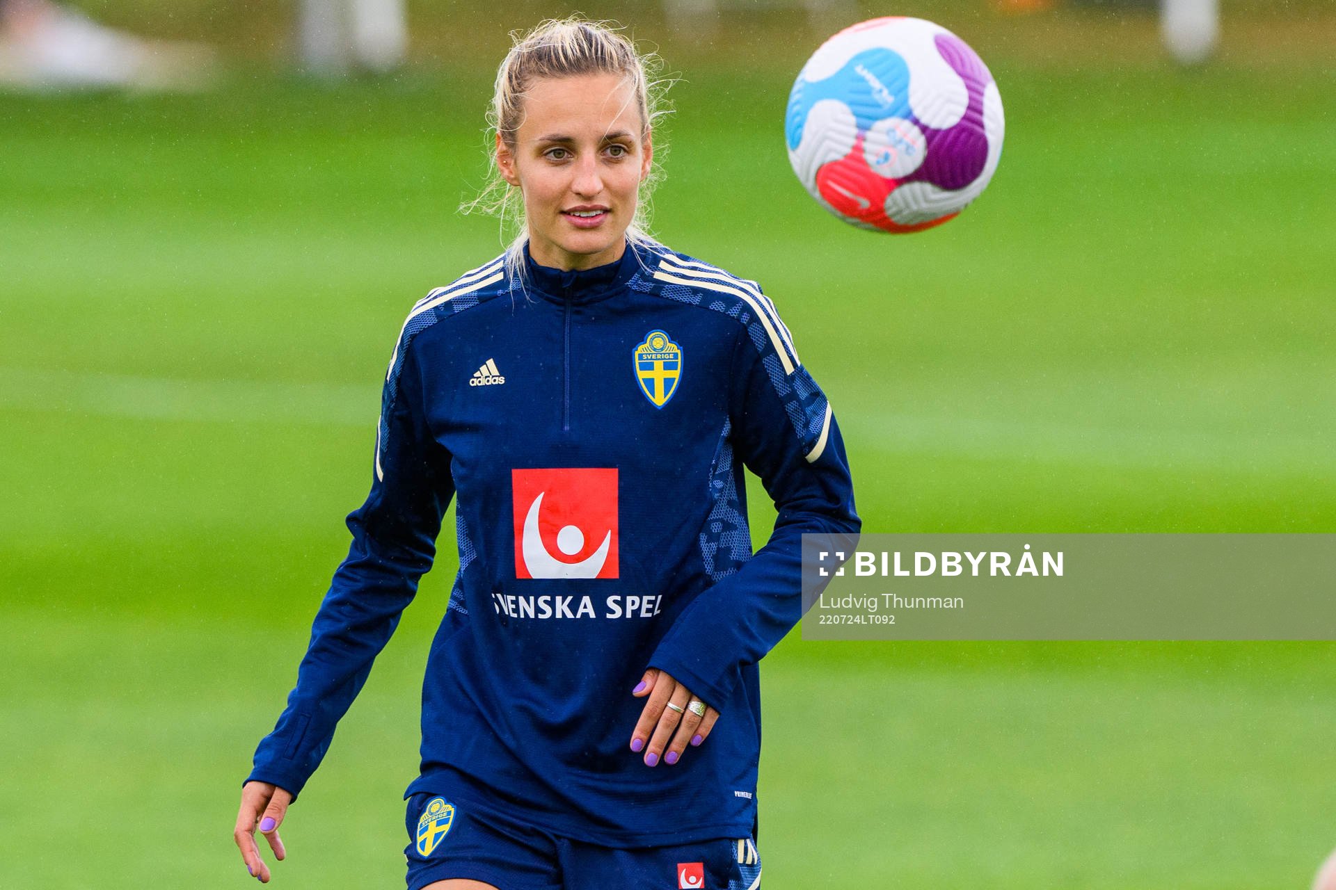 Nathalie Björn of the Swedish women's national football team at a training session during the UEFA Women's Euro 2022 Championship on July 24, 2022 in Chester.