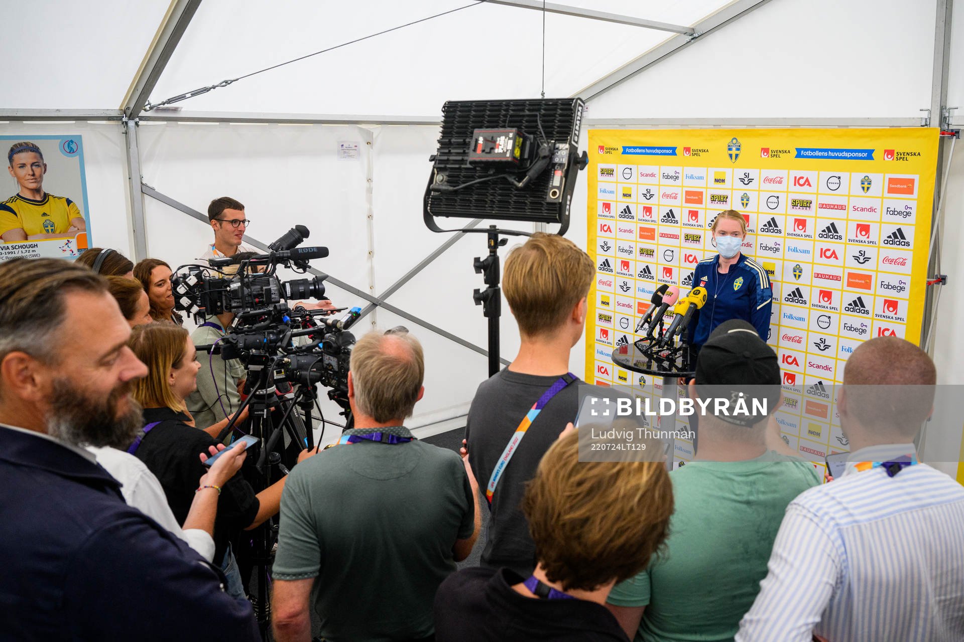 Goalkeeper Hedvig Lindahl of the Swedish women's national football team is interviewed by the media at a press event during the UEFA Women's Euro 2022 Championship on July 24, 2022 in Chester.