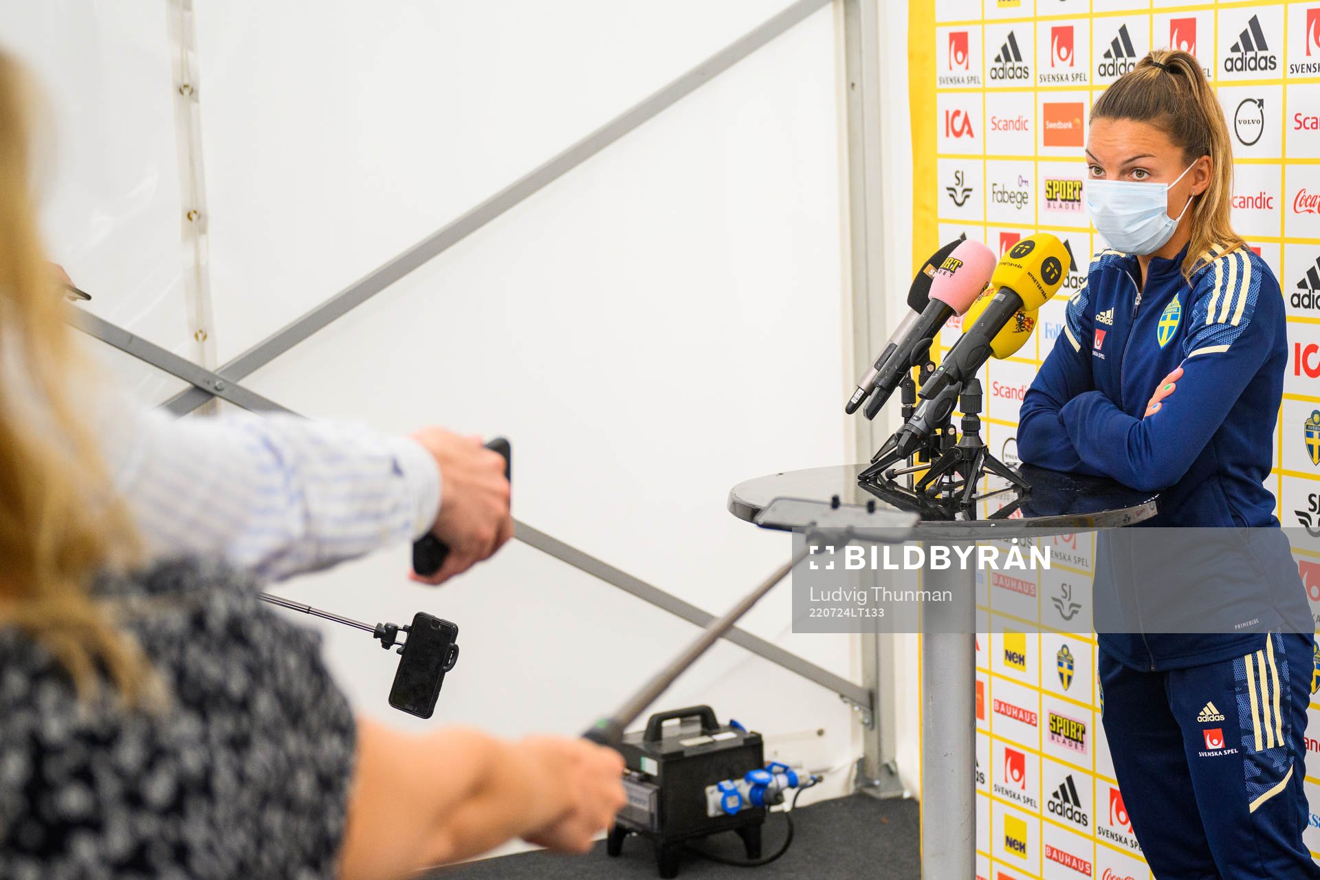 Johanna Rytting Kaneryd of the Swedish women's national football team is interviewed by the media at a press event during the UEFA Women's Euro 2022 Championship on July 24, 2022 in Chester.