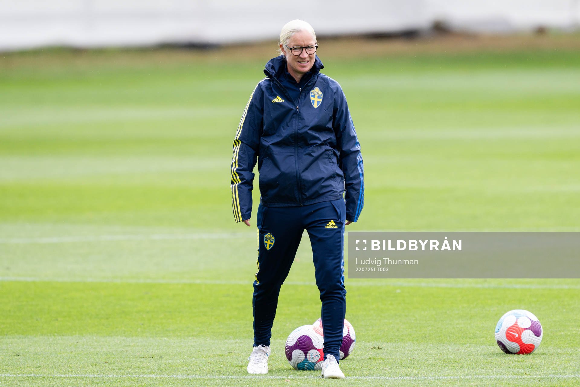 Assistant coach Victoria Sandell of the Swedish women's national football team at a training session during the UEFA Women's Euro 2022 Championship on July 25, 2022 in Chester.