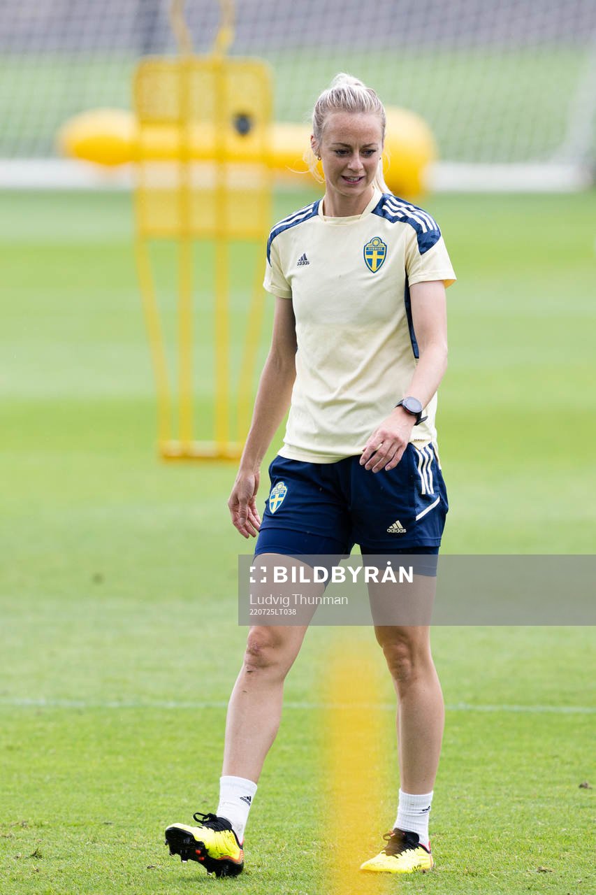 Amanda Ilestedt of the Swedish women's national football team at a training session during the UEFA Women's Euro 2022 Championship on July 25, 2022 in Chester.