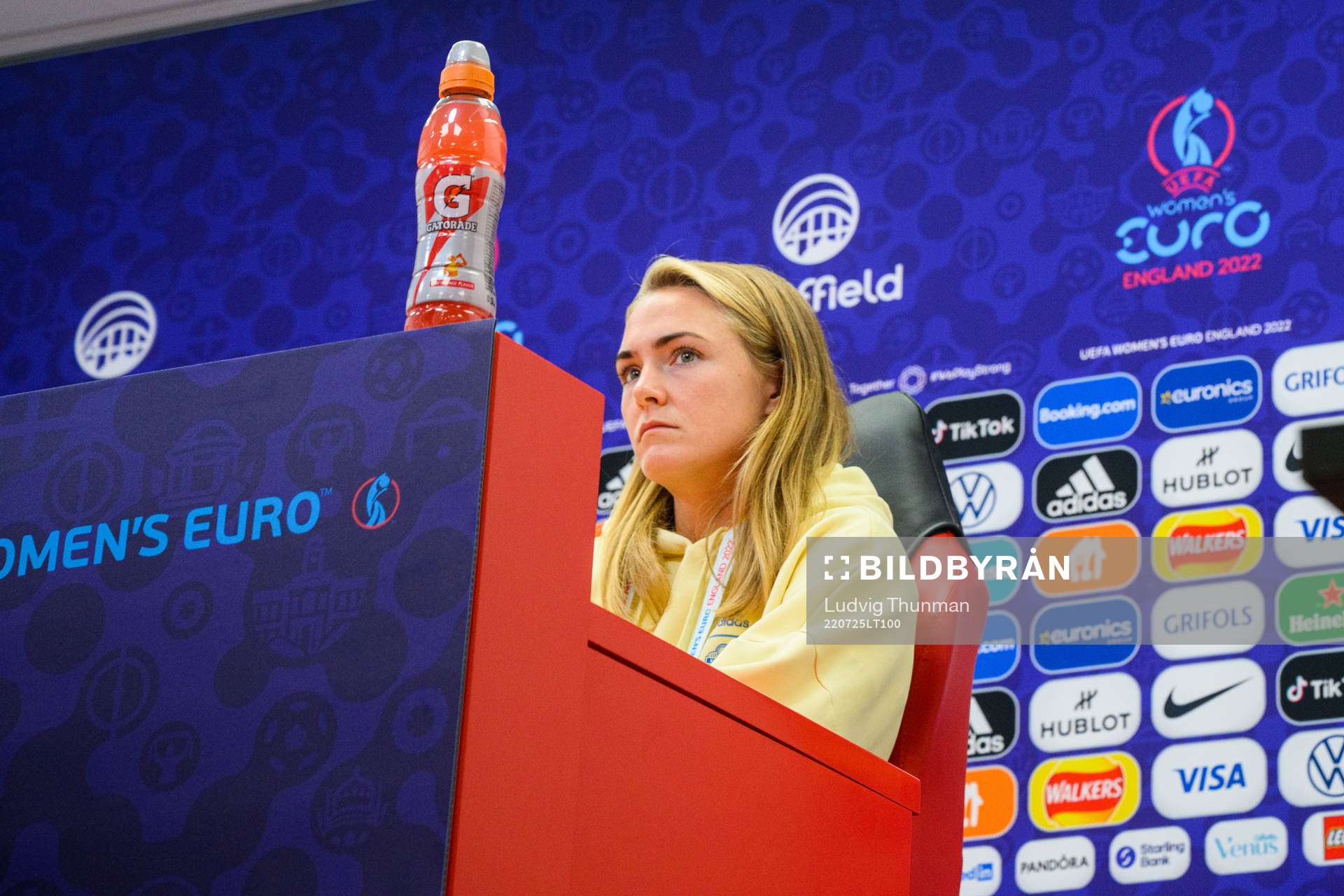Magdalena Eriksson of the Swedish women's national football team at a press conference during the UEFA Women's Euro 2022 Championship on July 25, 2022 in Sheffield.