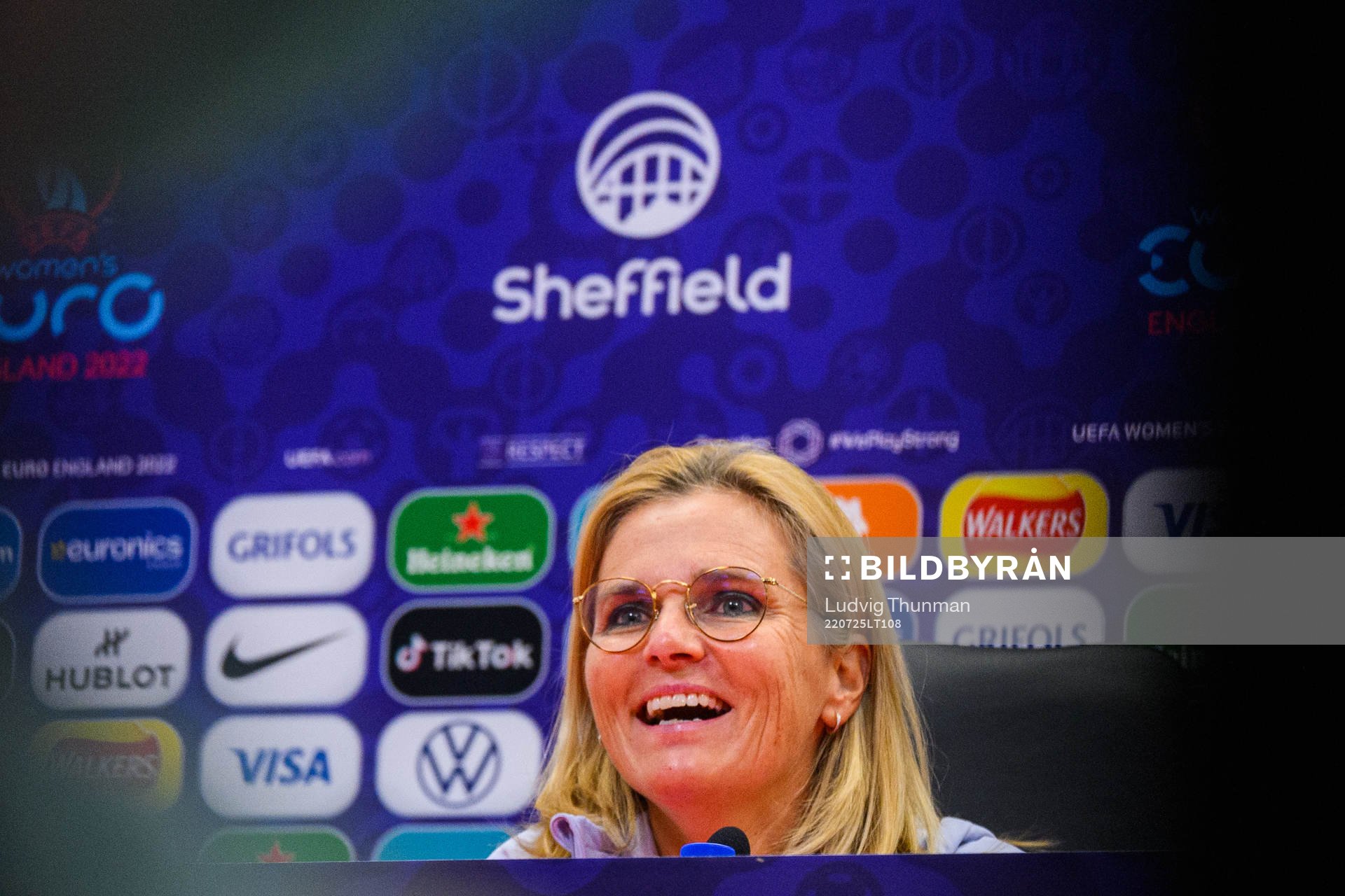 Sarina Wiegman, head coach of England of the English women's national football team at a press conference during the UEFA Women's Euro 2022 Championship on July 25, 2022 in Sheffield.
