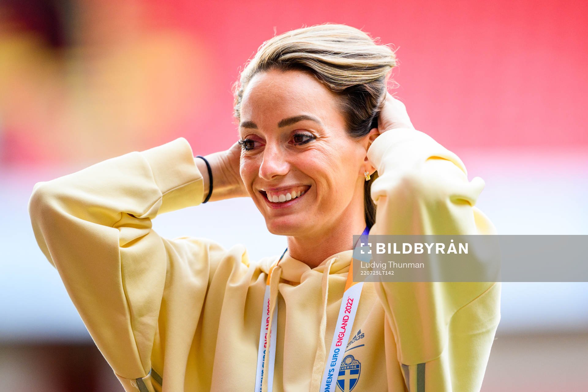 Kosovare Asllani of the Swedish women's national football team ahead of a press conference during the UEFA Women's Euro 2022 Championship on July 25, 2022 in Sheffield.
