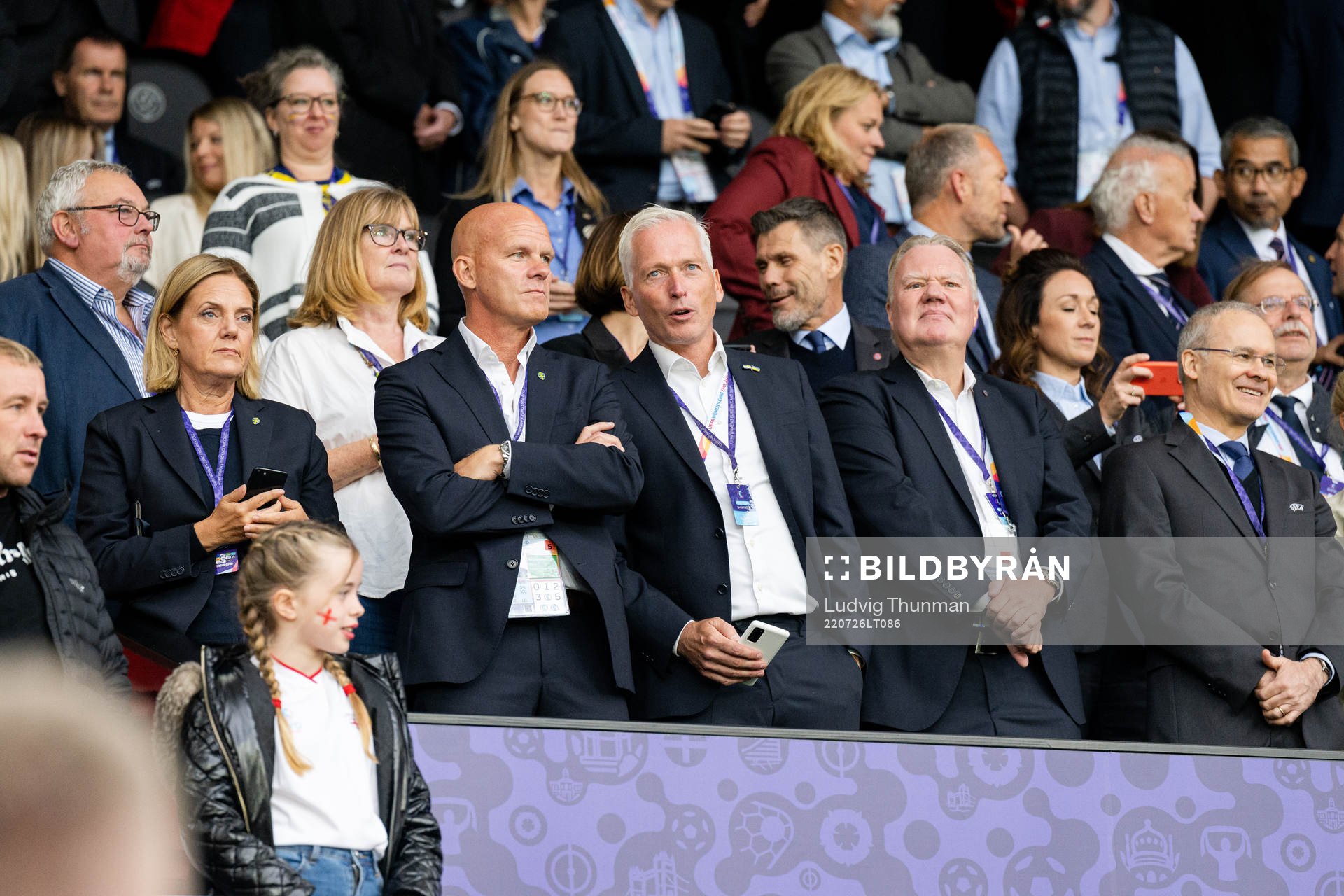 Annika Grälls, President of Elitfotboll Dam, Karl-Erik Nilsson, president of the Swedish Football Association, and Håkan Sjöstrand, general secretary of the Swedish Football Association, Annika Grälls, President of Elitfotboll Dam during the UEFA Women's Euro 2022 semifinal match between England and Sweden on July 26, 2022 in Sheffield.