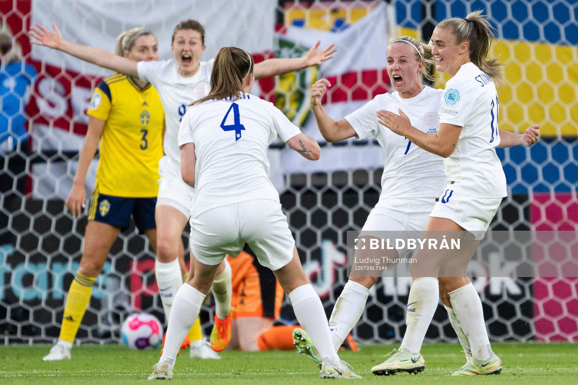 Beth Mead and Georgia Stanway of England celebrate the 1-0