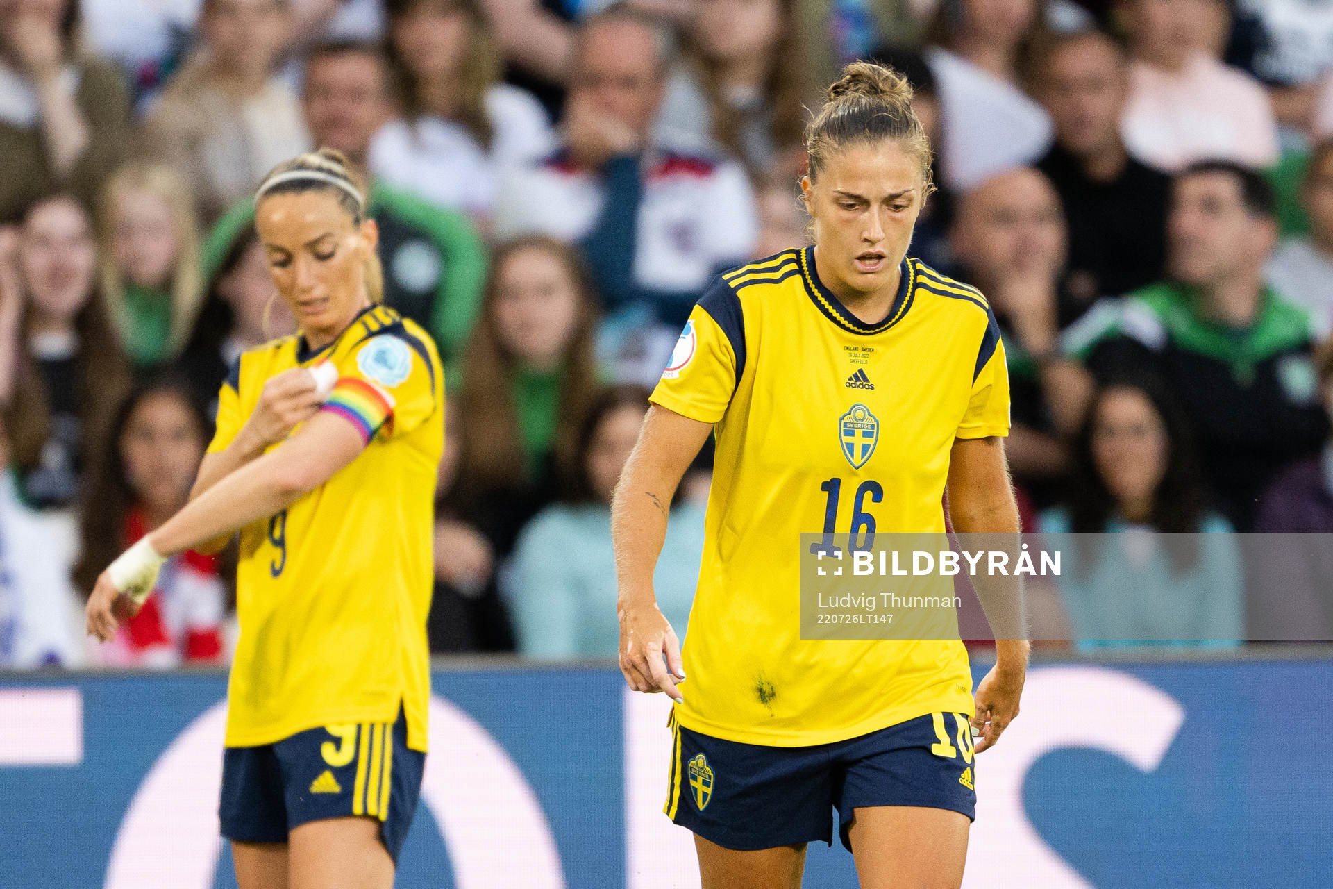 Kosovare Asllani and Filippa Angeldahl of Sweden look