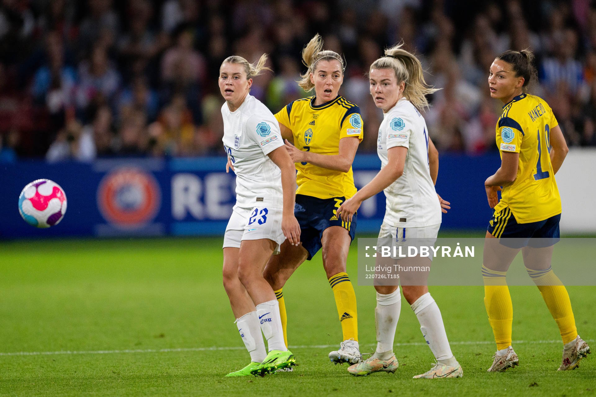 Linda Sembrant and Johanna Rytting Kaneryd of Sweden against Alessia Russo and Lauren Hemp of England during the UEFA Women's Euro 2022 semifinal match between England and Sweden on July 26, 2022 in Sheffield.