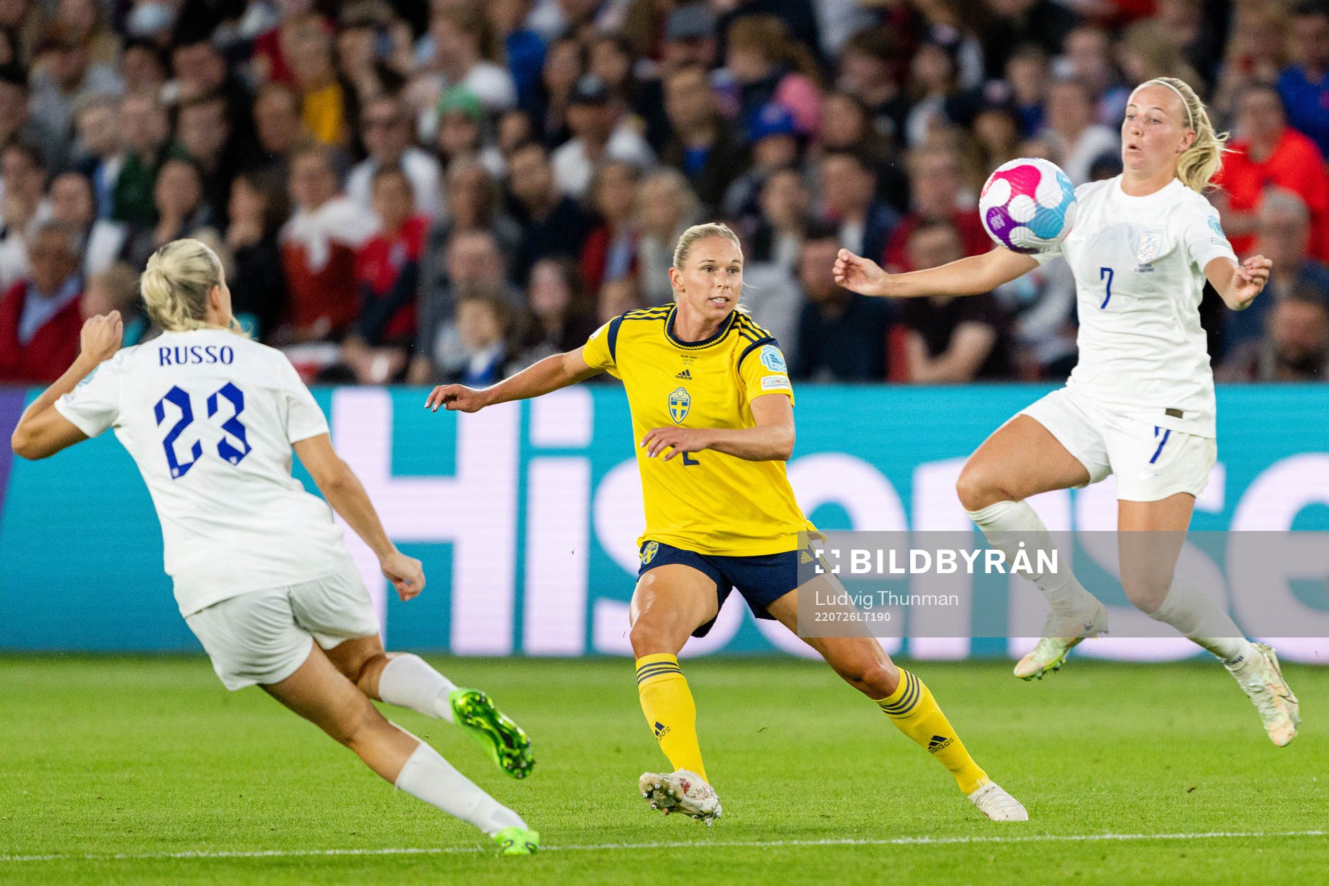 Jonna Andersson of Sweden against Alessia Russo and Beth