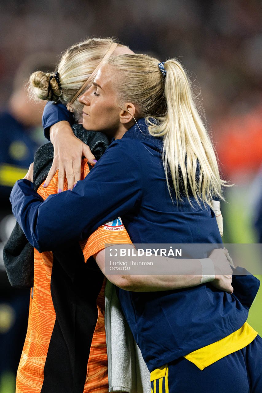 Goalkeeper Hedvig Lindahl and Sofia Jakobsson of Sweden