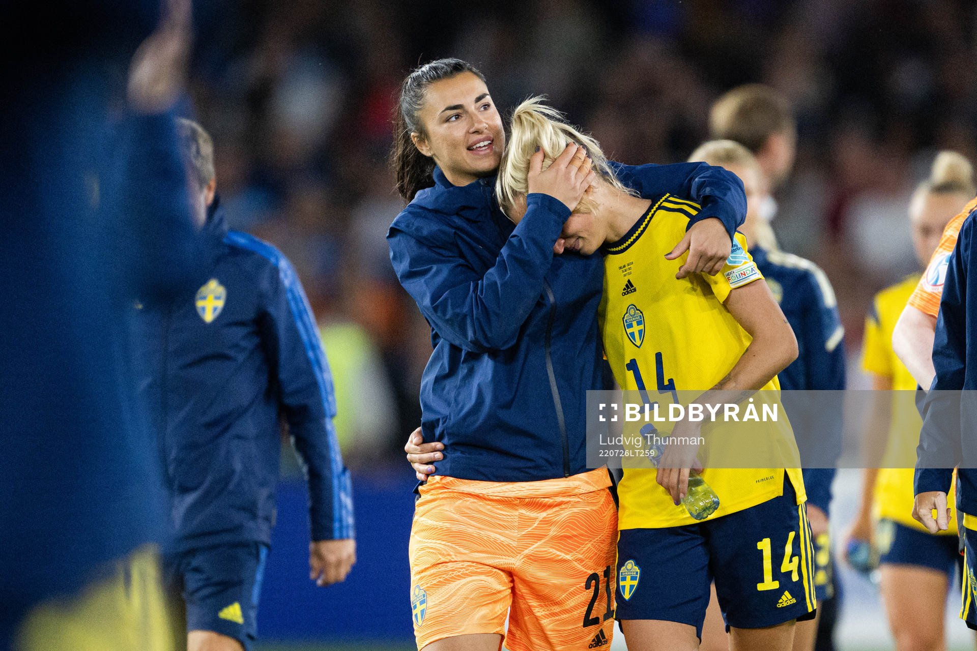 Goalkeeper Zecira Musovic and Nathalie Björn of Sweden