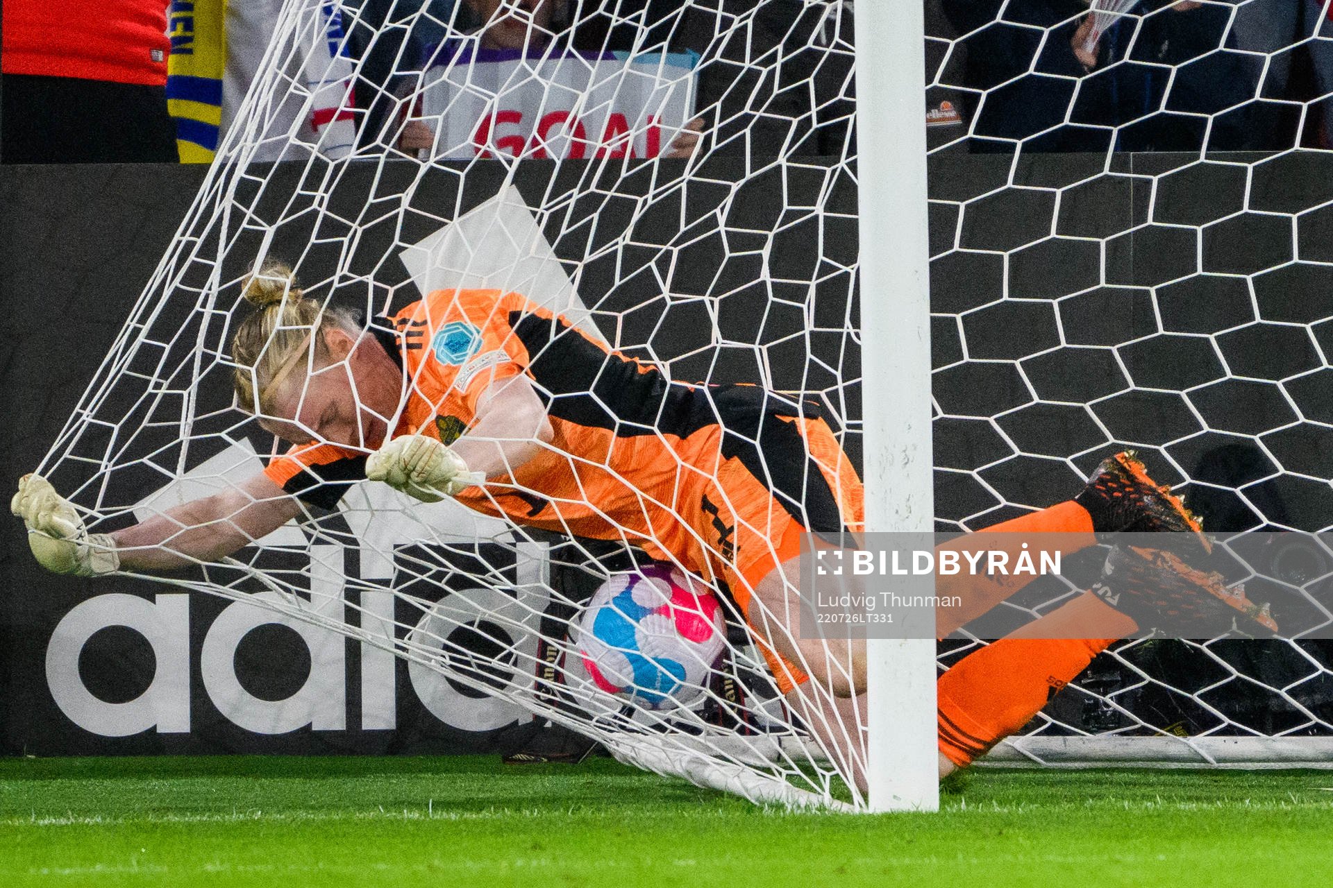 Goalkeeper Hedvig Lindahl of Sweden crashes into the net