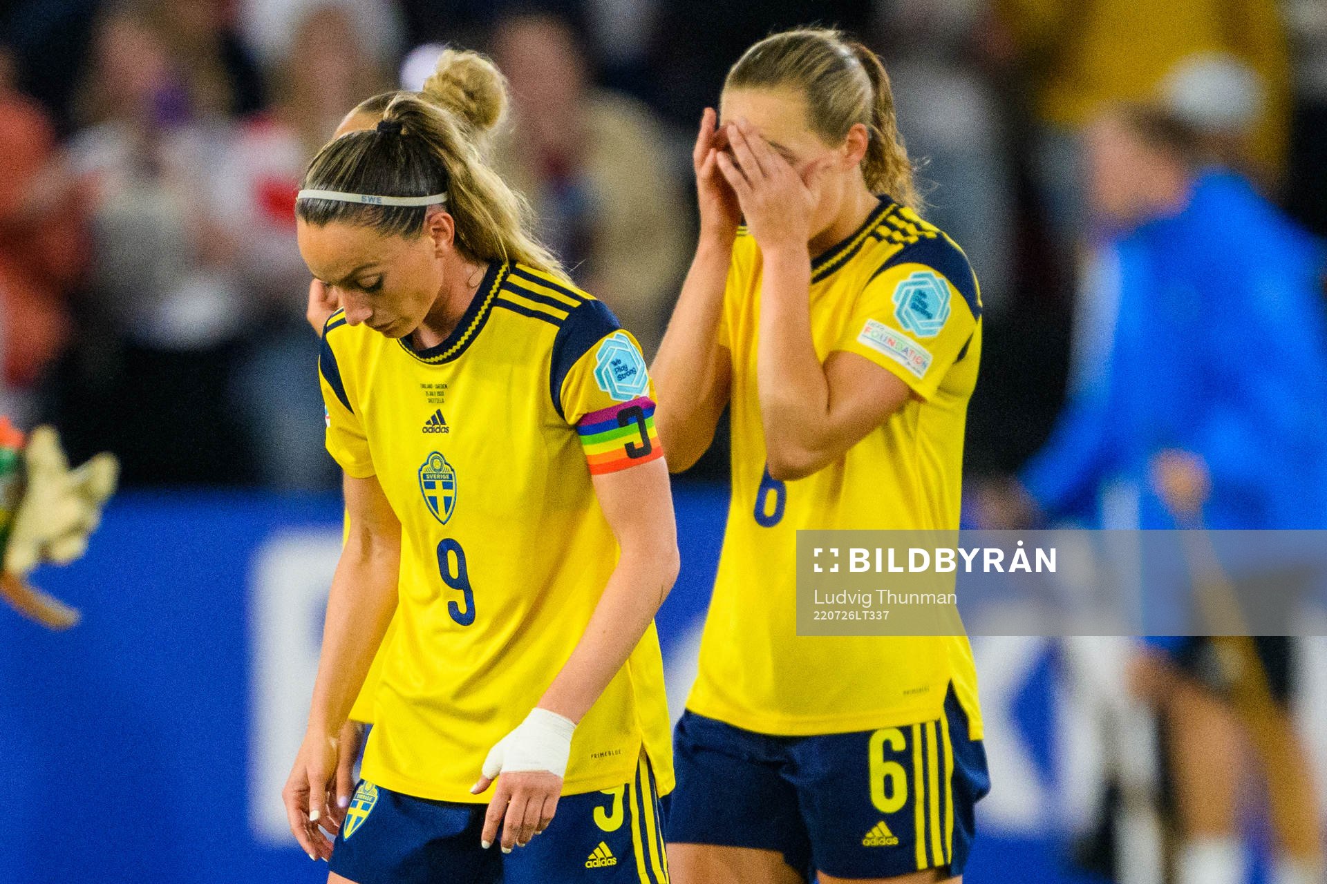 Kosovare Asllani and Magdalena Eriksson of Sweden looks