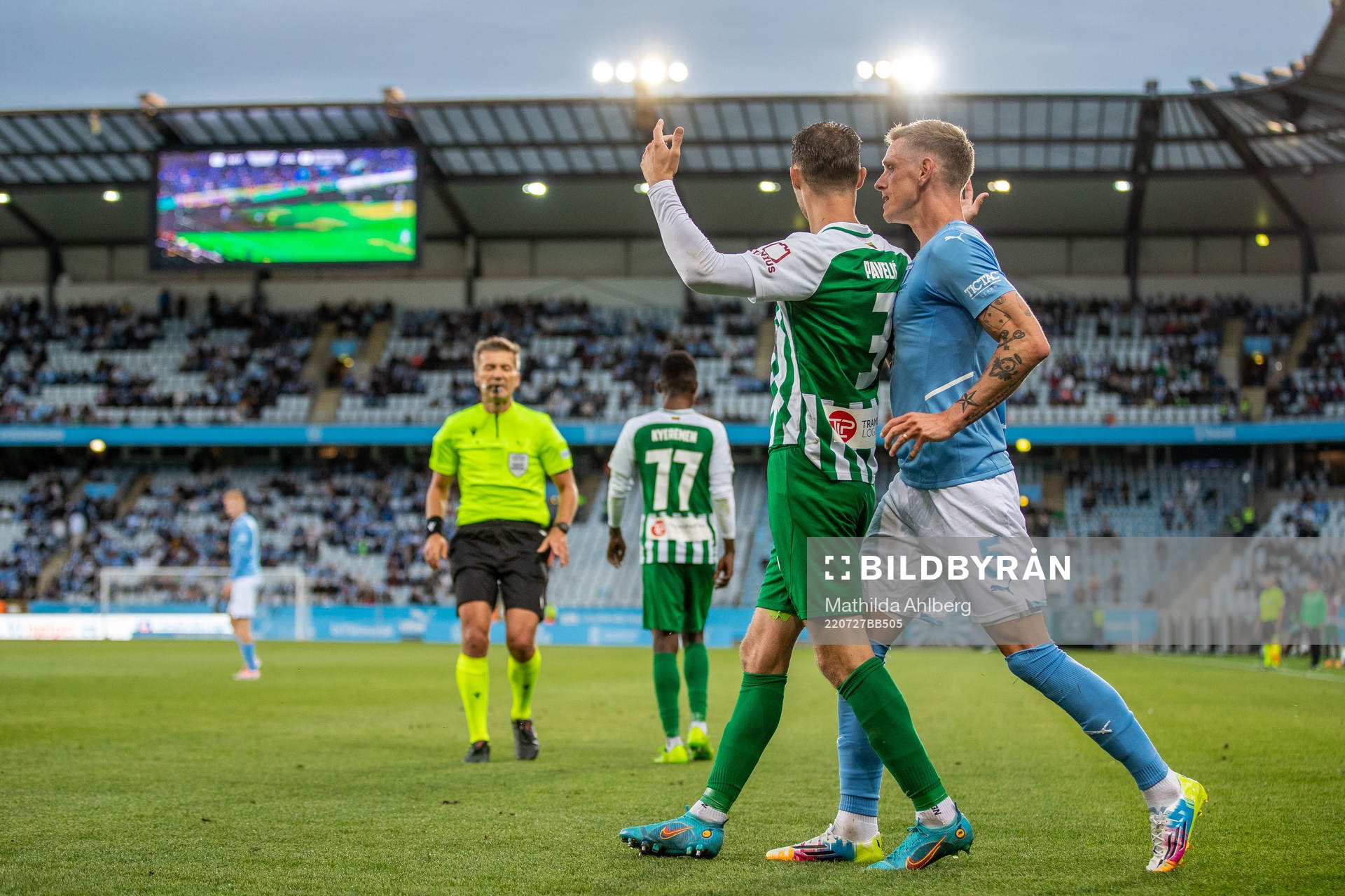 Mario Pavelic of Zalgiris Vilnius and Søren Rieks of Malmö FF during the UEFA Champions League qualifying match between Malmö FF and Zalgiris Vilnius on July 27, 2022 in Malmö.