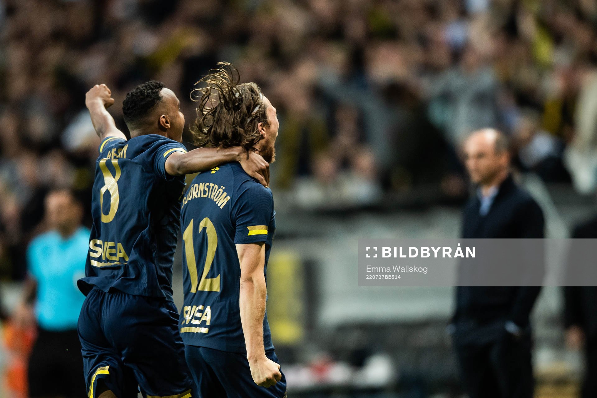 Bilal Hussein and Axel Björnström of AIK celebrate after 2-0 during the UEFA Europa Conference League qualifying match between AIK and Vorskla Poltava on July 27, 2022 in Stockholm.