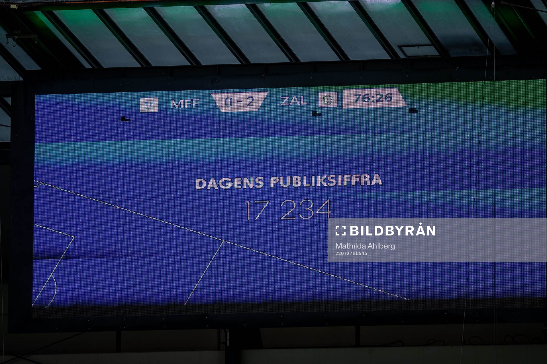 Screen showing the number of audience during the UEFA Champions League qualifying match between Malmö FF and Zalgiris Vilnius on July 27, 2022 in Malmö.